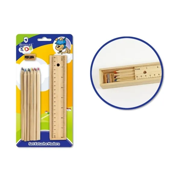 Bismark School Pack con custodia in legno con coperchio righello 12 matite colorate e temperino - immagine 1