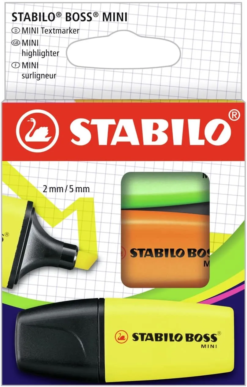 Stabilo Boss Mini Confezione da 3 pennarelli fluorescenti - Linea tra 2 e 5 mm - Inchiostro a base d acqua - Anti-essiccazione - Colori assortiti - immagine 1