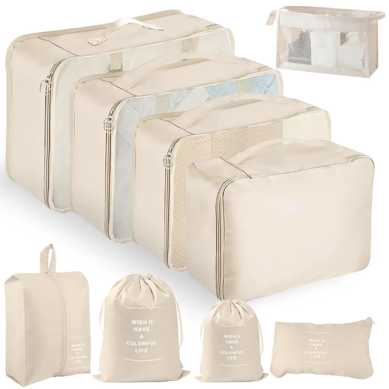 YAMAIDUO Organizer Valigia, 9 Pezzi Packing Cubes, Organizer Viaggio Salvaspazio, Travel Kit per Vacanze e Viaggi, Viaggio Accessori Utili per Cosmetici Abbigliamento Intimo Vestiti Borse, Beige - immagine 1
