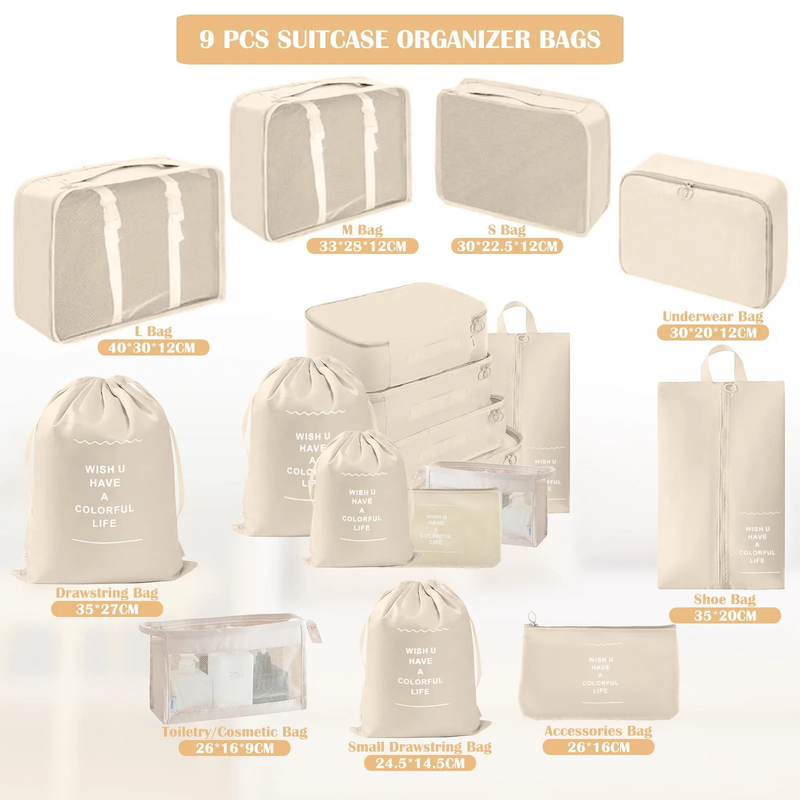 YAMAIDUO Organizer Valigia, 9 Pezzi Packing Cubes, Organizer Viaggio Salvaspazio, Travel Kit per Vacanze e Viaggi, Viaggio Accessori Utili per Cosmetici Abbigliamento Intimo Vestiti Borse, Beige - immagine 2