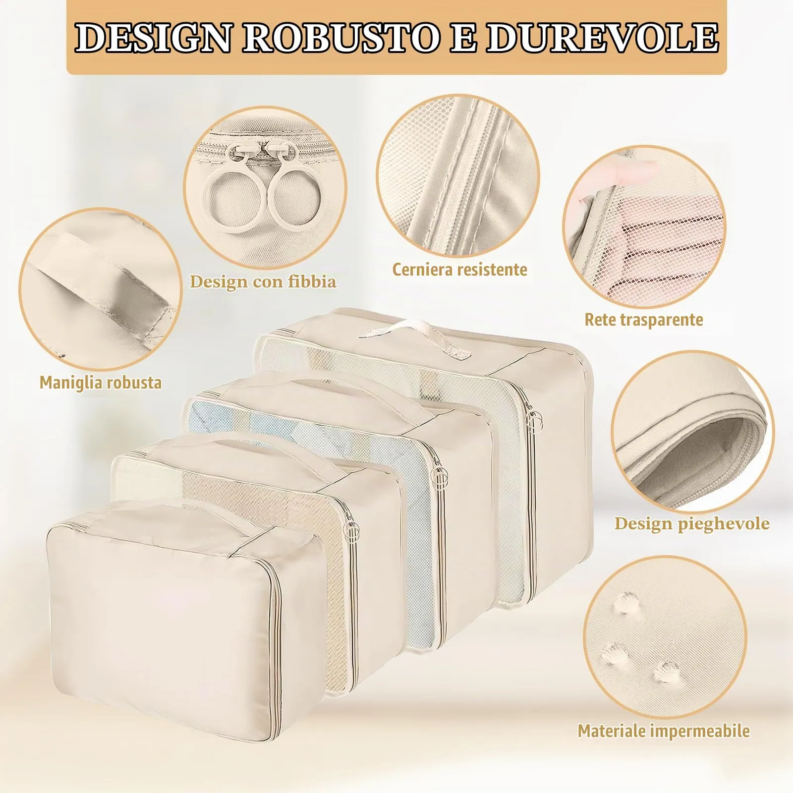 YAMAIDUO Organizer Valigia, 9 Pezzi Packing Cubes, Organizer Viaggio Salvaspazio, Travel Kit per Vacanze e Viaggi, Viaggio Accessori Utili per Cosmetici Abbigliamento Intimo Vestiti Borse, Beige - immagine 3