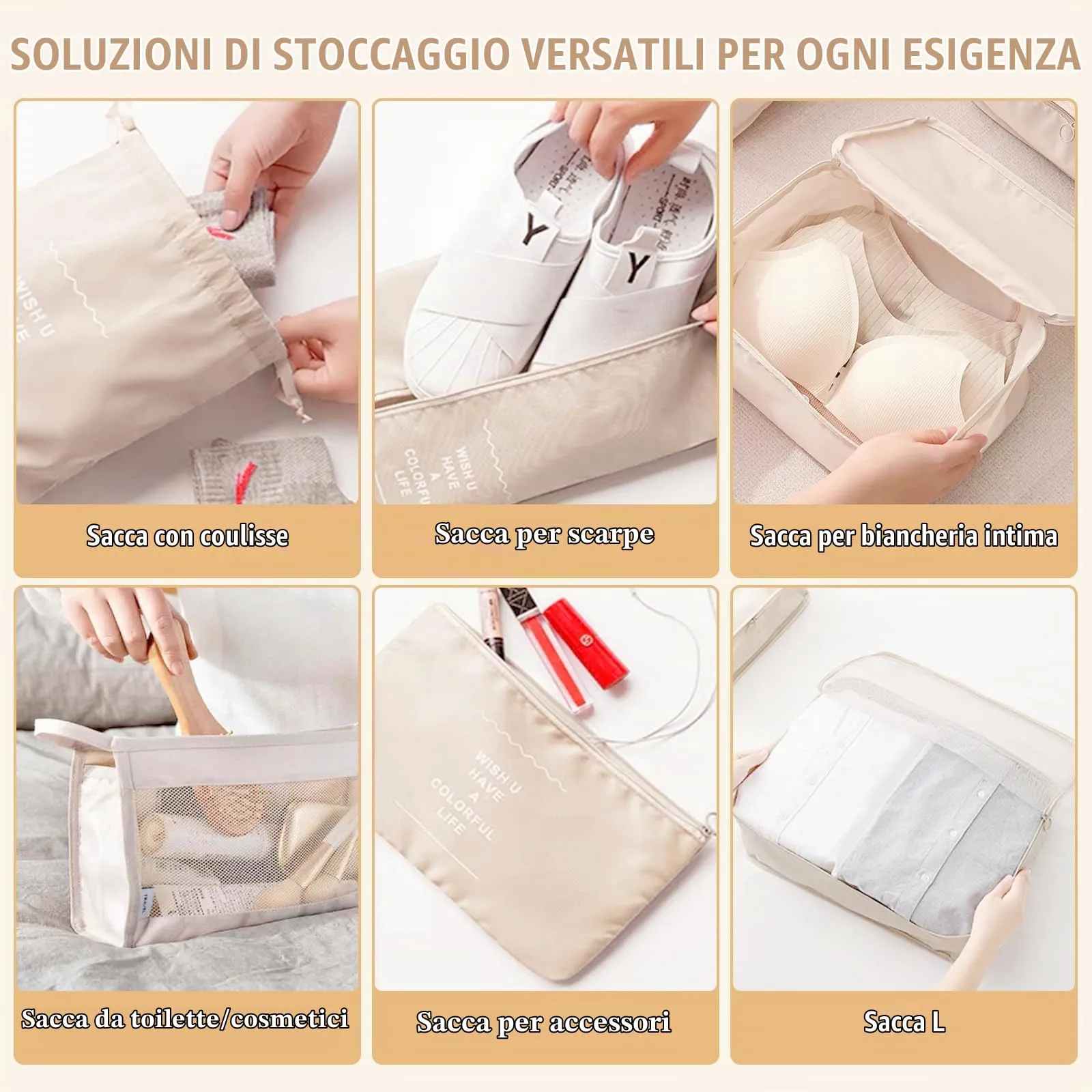 YAMAIDUO Organizer Valigia, 9 Pezzi Packing Cubes, Organizer Viaggio Salvaspazio, Travel Kit per Vacanze e Viaggi, Viaggio Accessori Utili per Cosmetici Abbigliamento Intimo Vestiti Borse, Beige - immagine 4