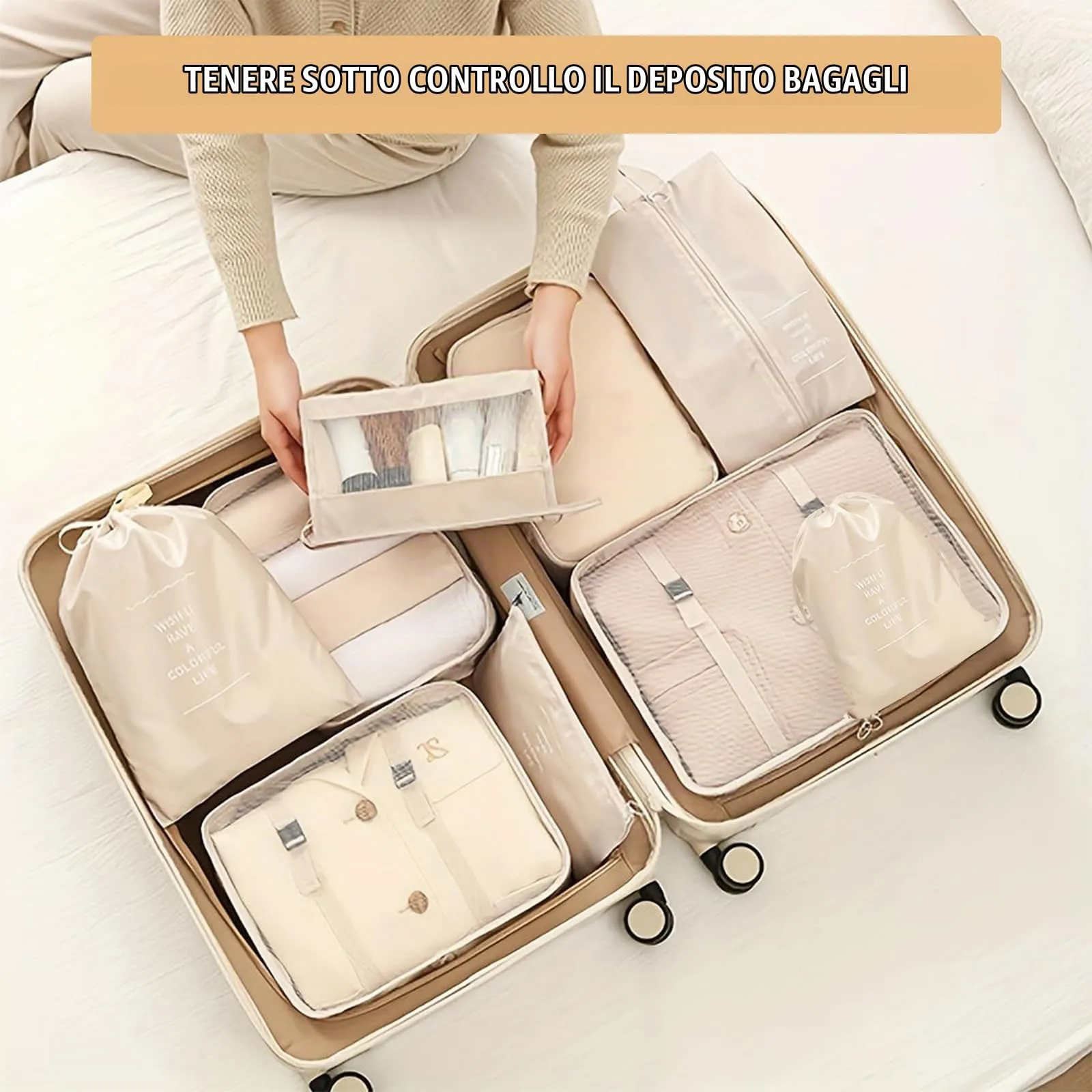 YAMAIDUO Organizer Valigia, 9 Pezzi Packing Cubes, Organizer Viaggio Salvaspazio, Travel Kit per Vacanze e Viaggi, Viaggio Accessori Utili per Cosmetici Abbigliamento Intimo Vestiti Borse, Beige - immagine 5