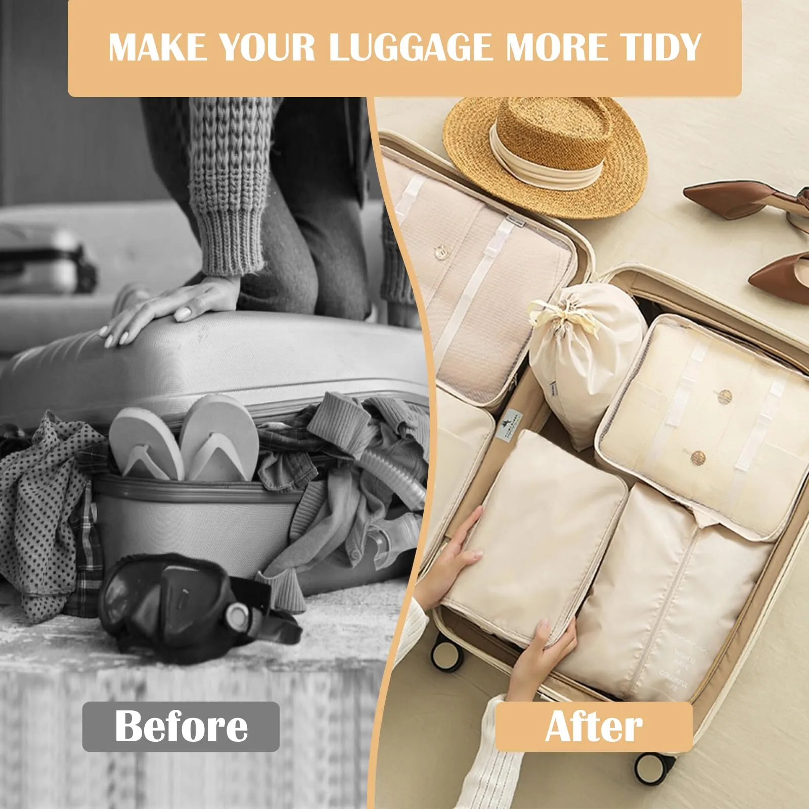 YAMAIDUO Organizer Valigia, 9 Pezzi Packing Cubes, Organizer Viaggio Salvaspazio, Travel Kit per Vacanze e Viaggi, Viaggio Accessori Utili per Cosmetici Abbigliamento Intimo Vestiti Borse, Beige - immagine 6