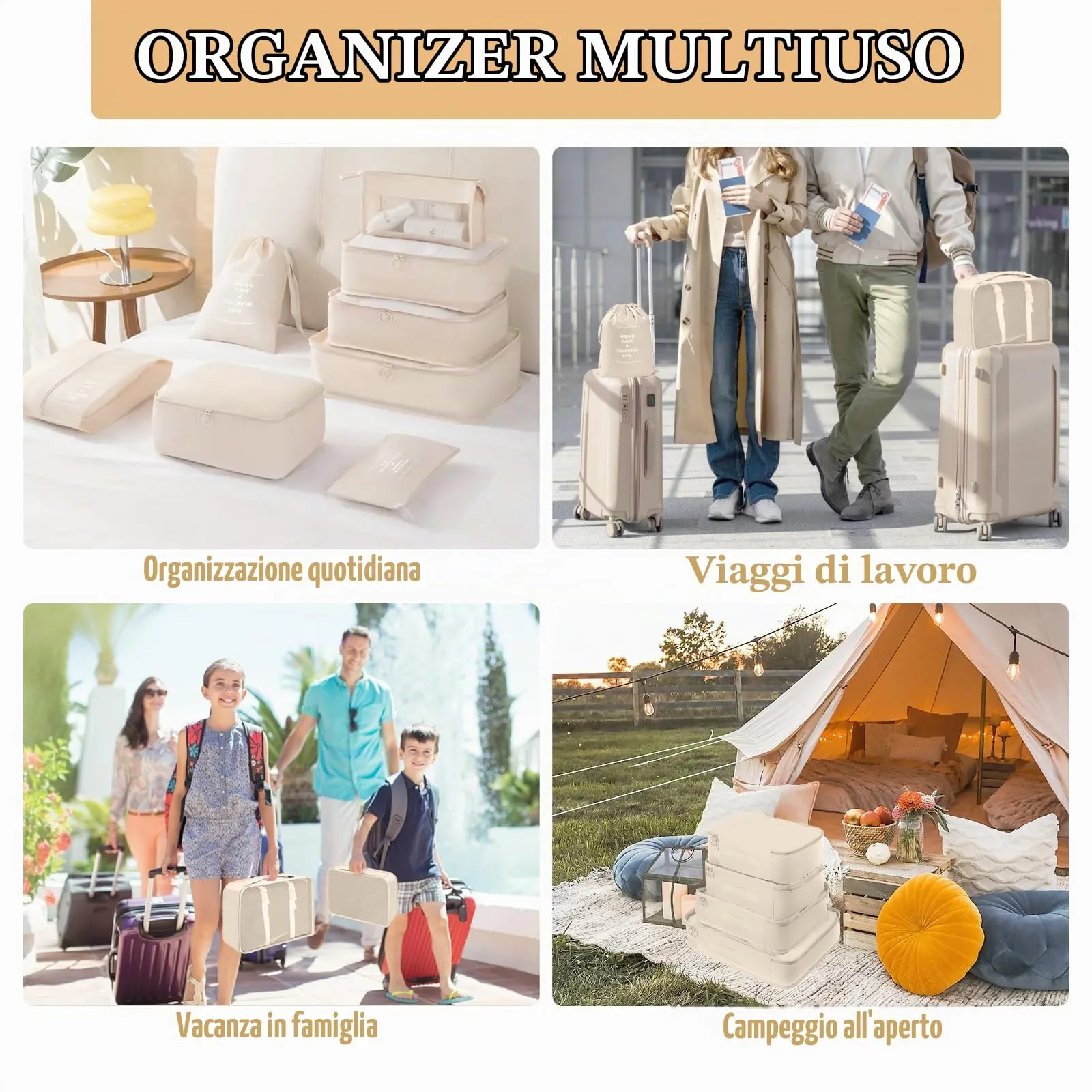 YAMAIDUO Organizer Valigia, 9 Pezzi Packing Cubes, Organizer Viaggio Salvaspazio, Travel Kit per Vacanze e Viaggi, Viaggio Accessori Utili per Cosmetici Abbigliamento Intimo Vestiti Borse, Beige - immagine 7