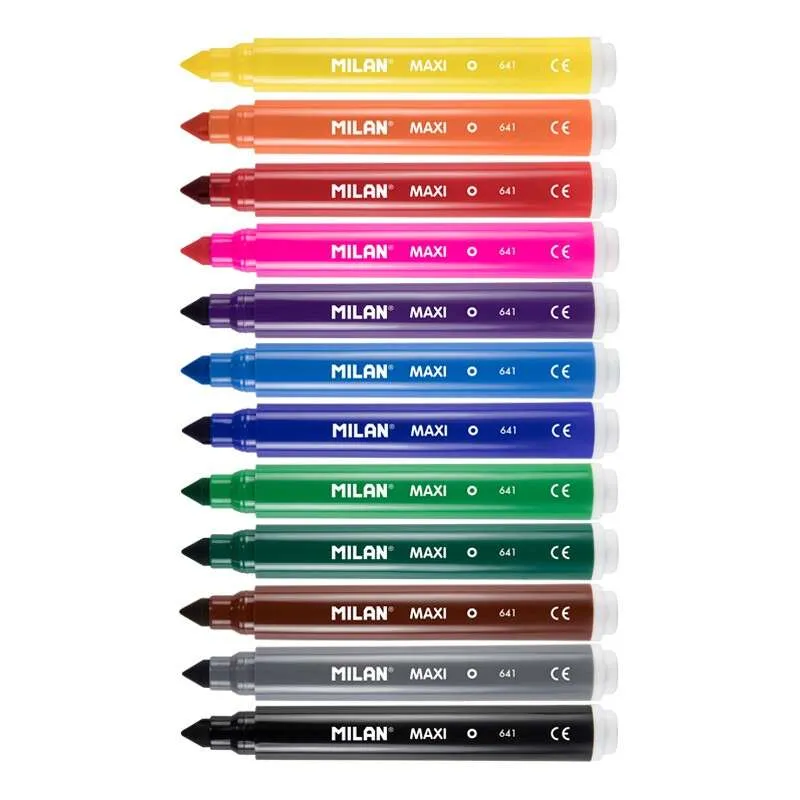 Confezione da 12 pennarelli maxi Milan - Punta conica da 75 mm - Inchiostro a base d'acqua - Lavabili - Colori assortiti - immagine 1