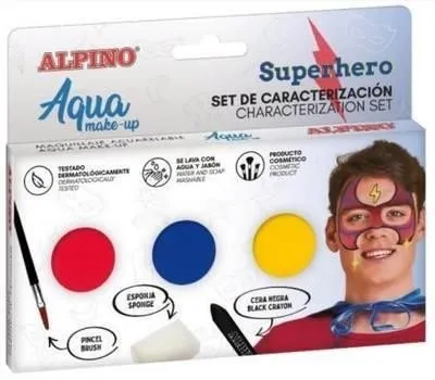 Alpino Aqua Makeup Superhero Makeup Set - 3 contenitori in polvere + cera nera + pennello + spugna - immagine 1