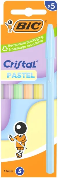 Confezione da 5 penne a sfera Bic Cristal Pastel - Corpo opaco color pastello - Punta tonda da 1 mm - Tratto da 04 mm - Inchiostro a base d'olio - Colore blu - immagine 1