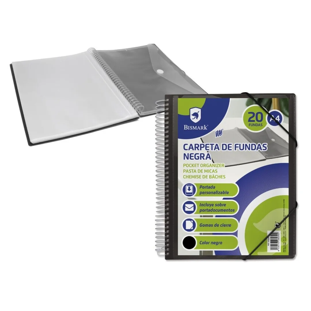Cartella Bismark con 20 copertine trasparenti - Formato A4 - Include busta porta documenti - Chiusura in gomma - immagine 1
