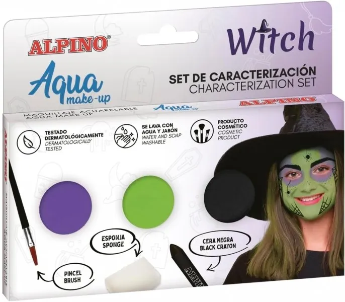 Alpino Aqua Makeup Witch Makeup Set - 3 contenitori per cipria + cera nera + pennello + spugna - immagine 1
