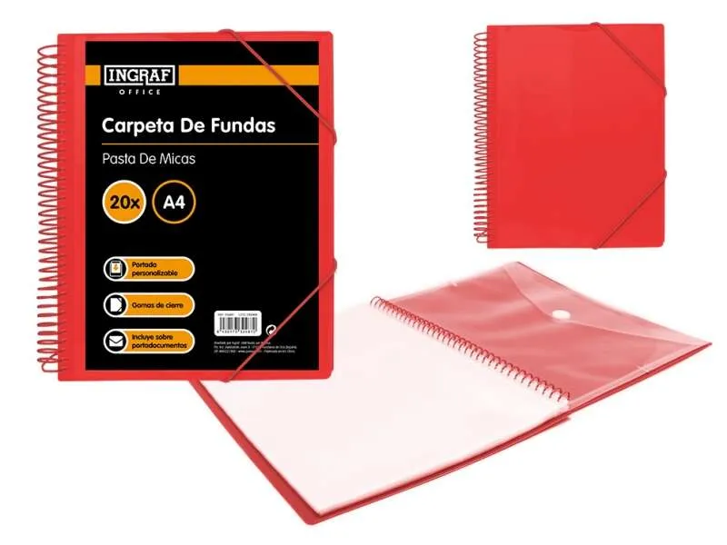 Cartella Ingraf 20 Copertine A4 + Busta con Chiusura - Spirale in Plastica Indeformabile - Apertura a 360 Gradi - Copertina Personalizzabile - Colore Rosso - immagine 1