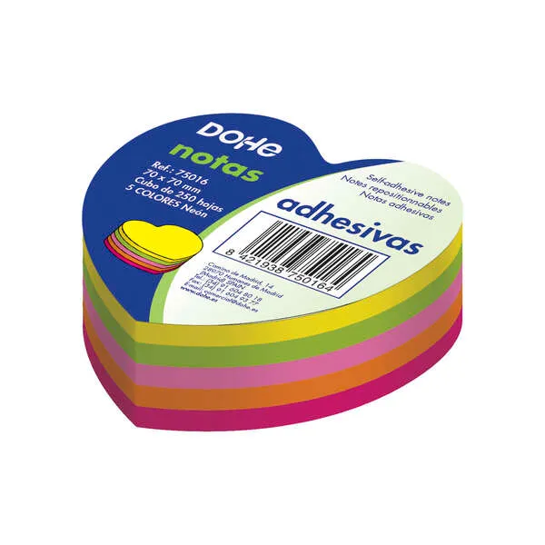 Cubo Dohe da 250 foglietti riposizionabili a forma di cuore - Dimensioni 70x70 mm - Carta da 75 gr - Ideale per ufficio e scuola - Colori neon assortiti - immagine 1