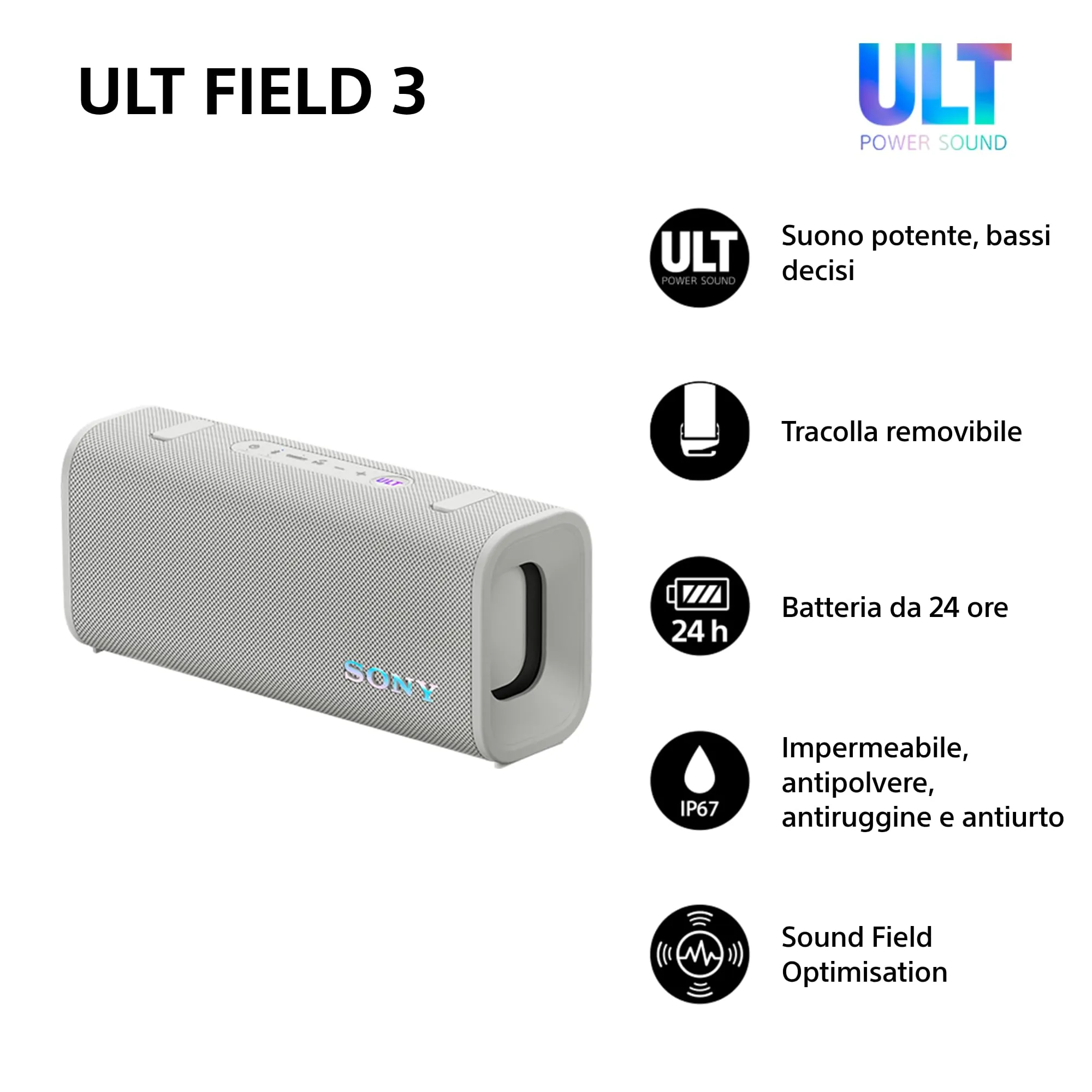 Sony ULT FIELD 3 - Speaker Bluetooth portatile con ULT POWER SOUND, batteria 24 ore, IP67, impermeabile, antipolvere, antiurto, tracolla staccabile, compatto - Bianco - immagine 2