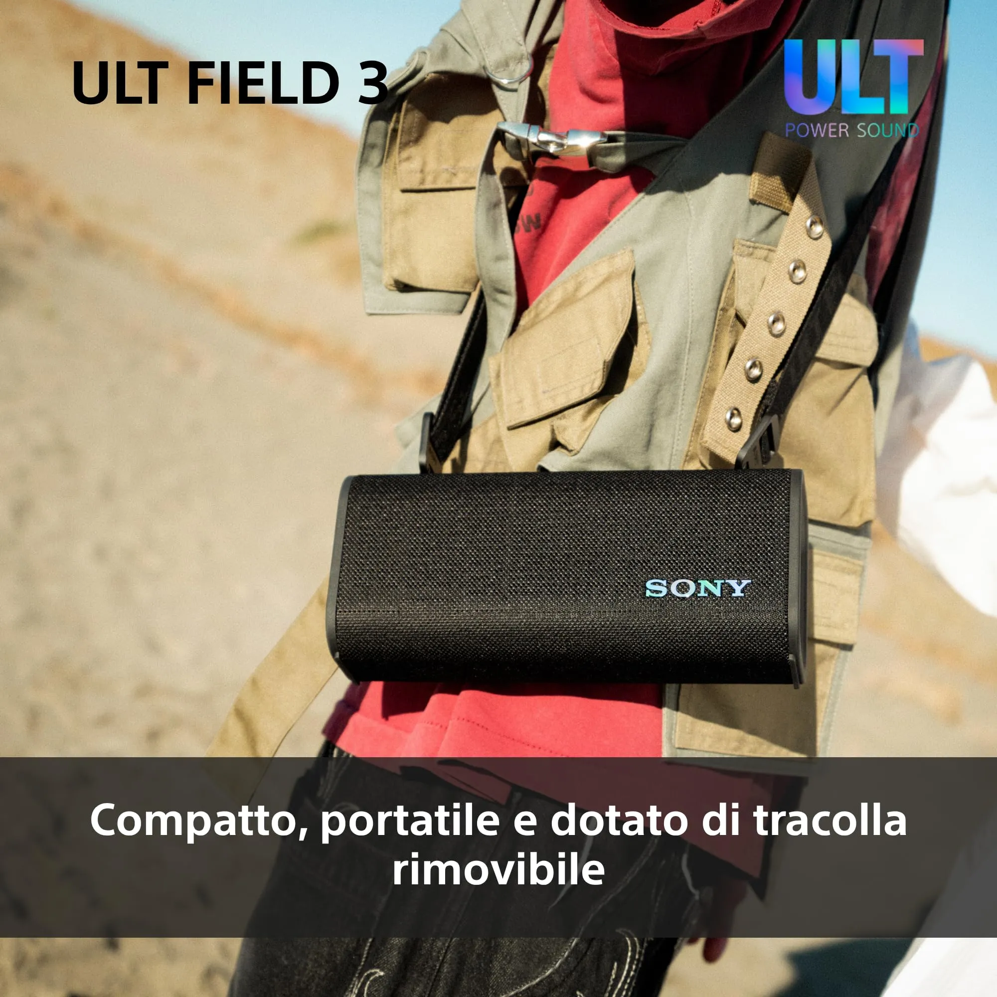 Sony ULT FIELD 3 - Speaker Bluetooth portatile con ULT POWER SOUND, batteria 24 ore, IP67, impermeabile, antipolvere, antiurto, tracolla staccabile, compatto - Bianco - immagine 5