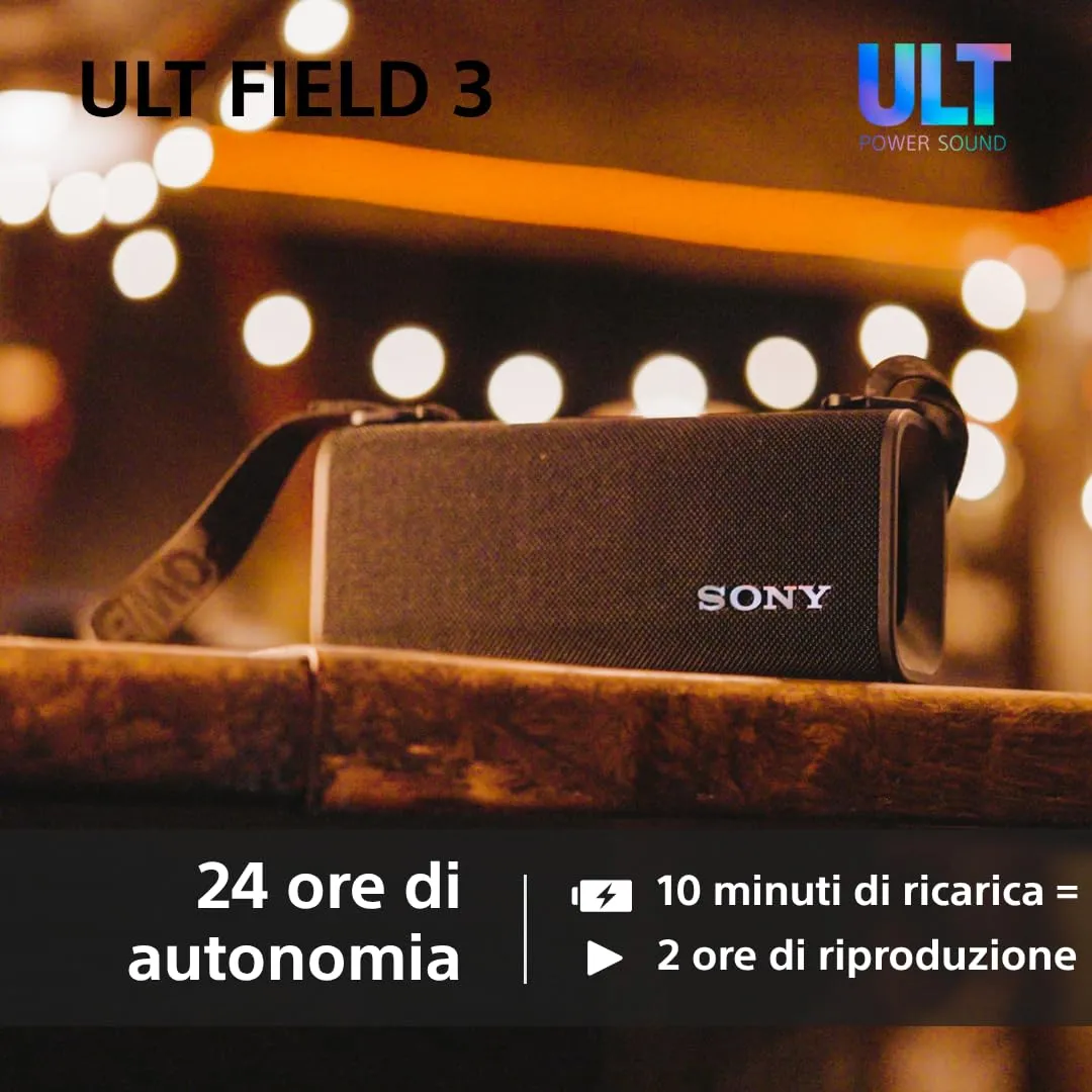 Sony ULT FIELD 3 - Speaker Bluetooth portatile con ULT POWER SOUND, batteria 24 ore, IP67, impermeabile, antipolvere, antiurto, tracolla staccabile, compatto - Bianco - immagine 6
