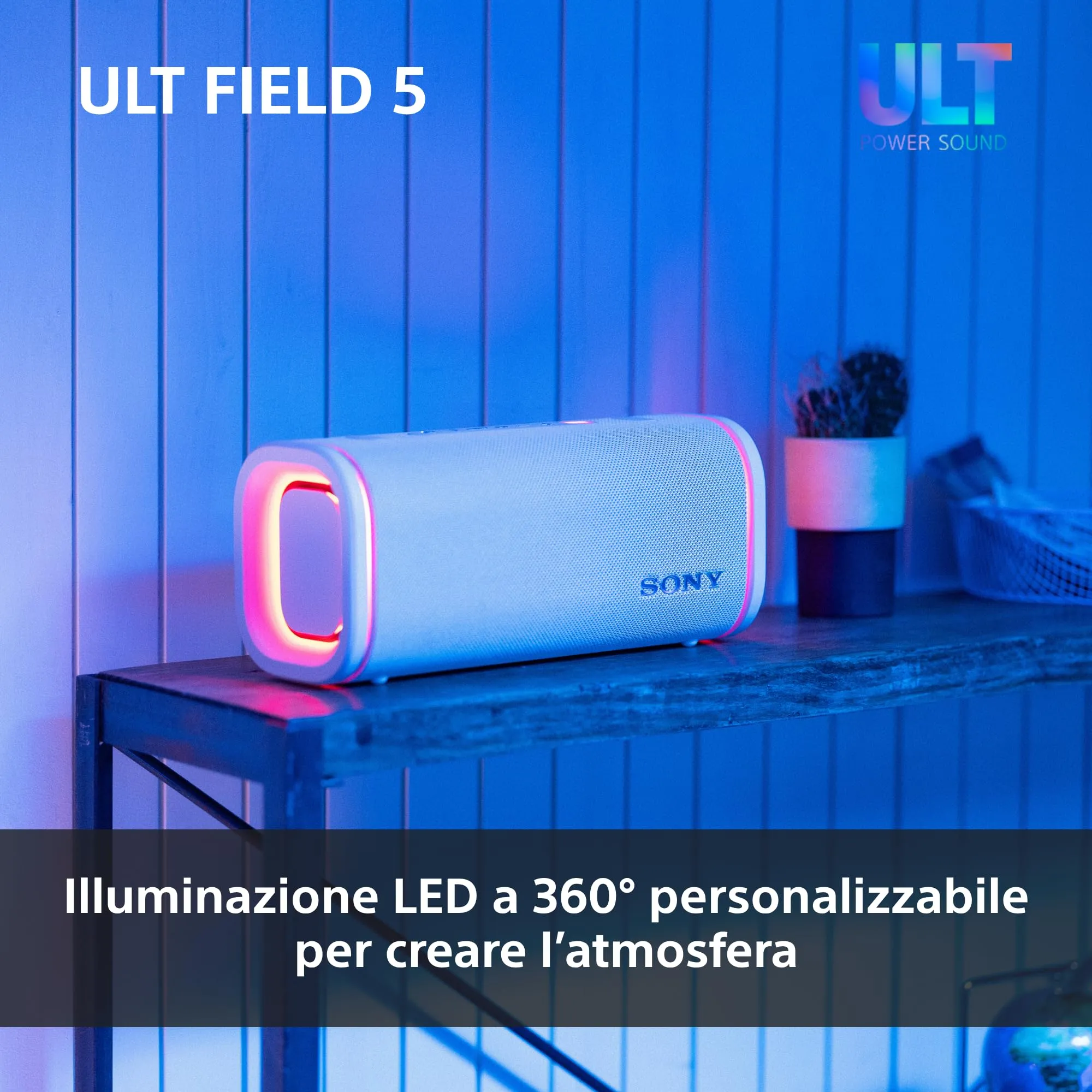 Sony ULT FIELD 5 - Potente speaker portatile Bluetooth, batteria da 25 ore, 2 modalità ULT POWER SOUND, IP67, impermeabile, antipolvere, 360 luci, tracolla staccabile, compatto - Nero - immagine 7