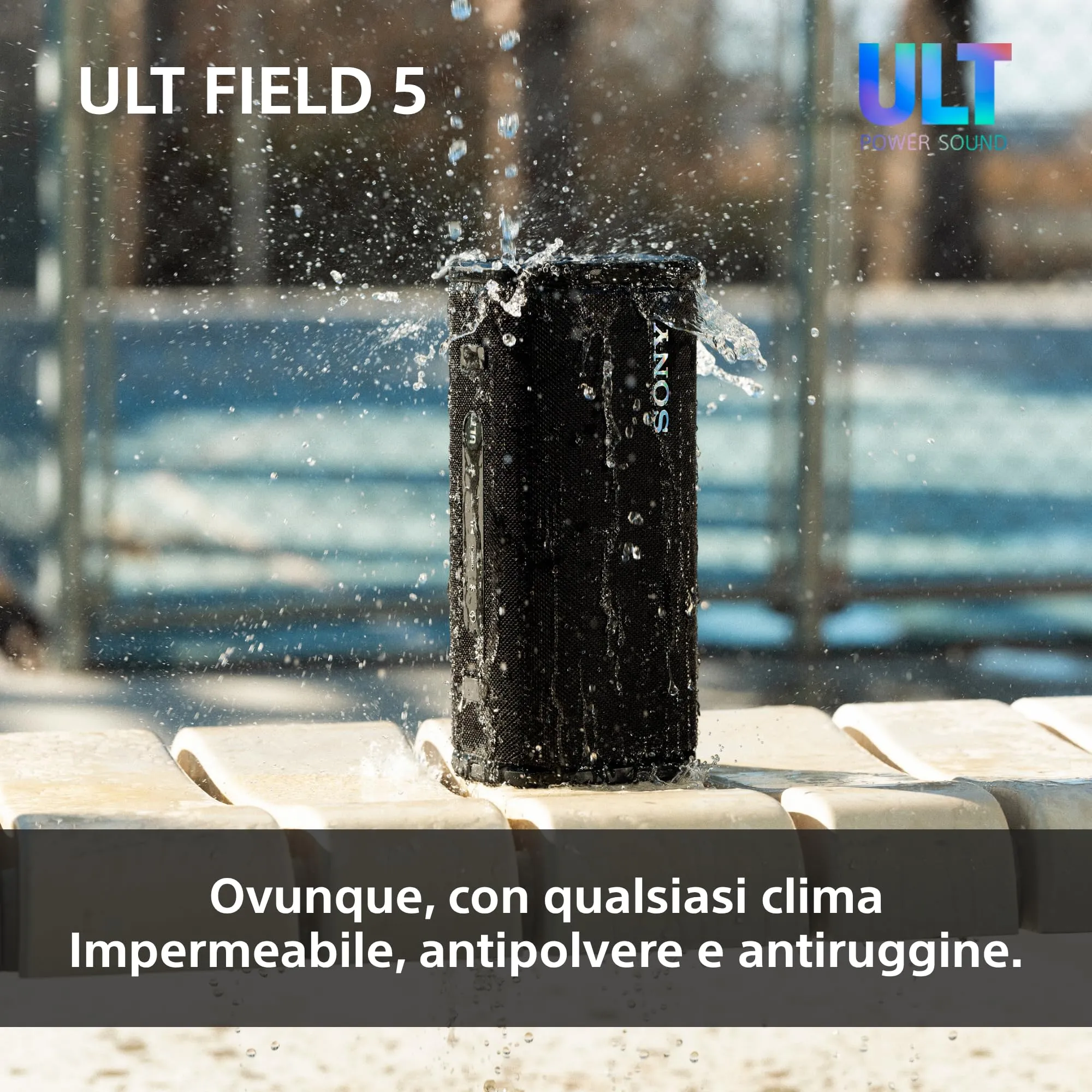 Sony ULT FIELD 5 - Potente speaker portatile Bluetooth, batteria da 25 ore, 2 modalità ULT POWER SOUND, IP67, impermeabile, antipolvere, 360 luci, tracolla staccabile, compatto - Nero - immagine 8