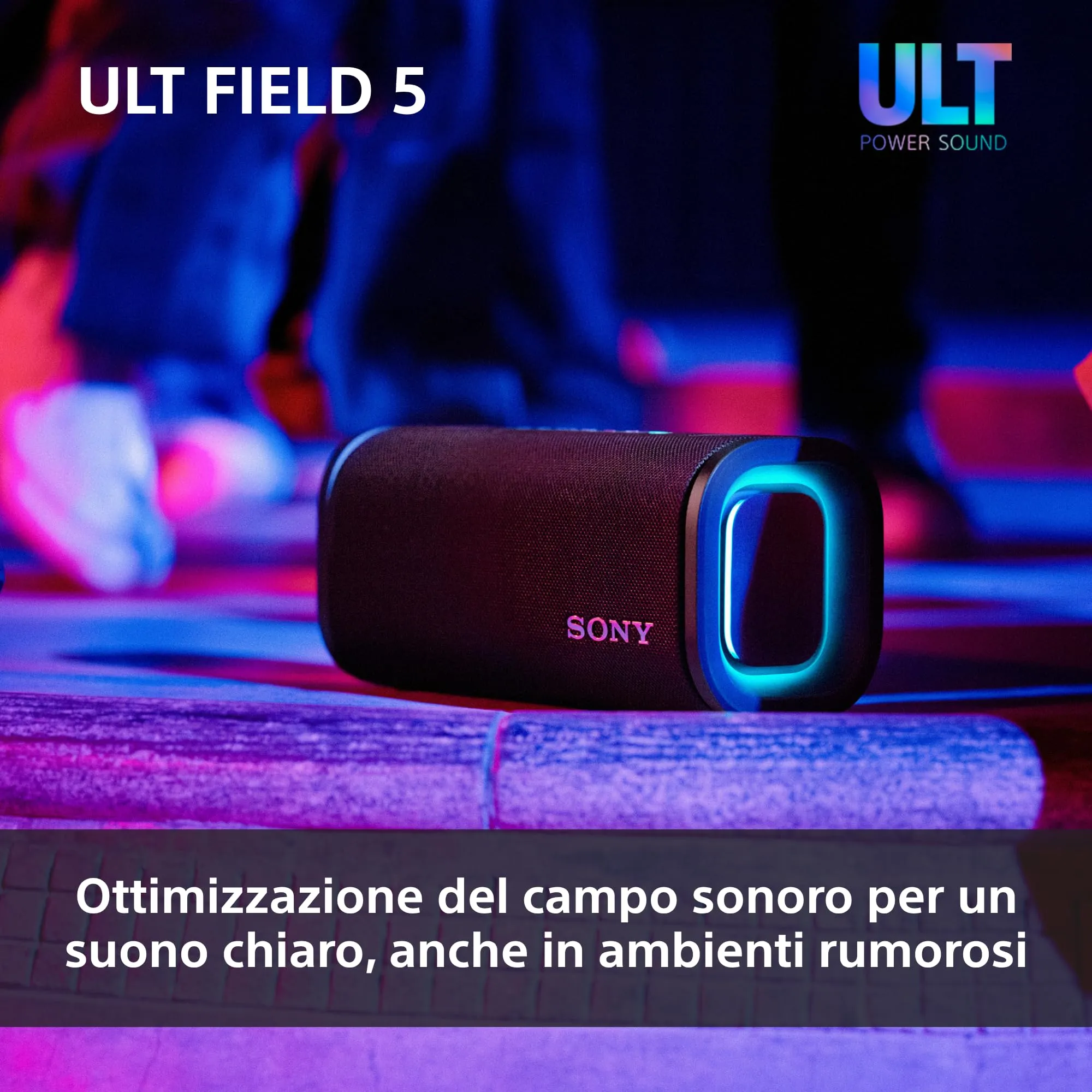 Sony ULT FIELD 5 - Potente speaker portatile Bluetooth, batteria da 25 ore, 2 modalità ULT POWER SOUND, IP67, impermeabile, antipolvere, 360 luci, tracolla staccabile, compatto - Nero - immagine 9