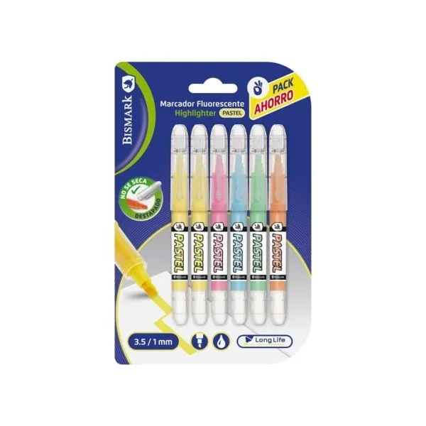 Confezione da 6 pennarelli fluorescenti pastello a lunga durata Bismark - Inchiostro liquido - Punta a scalpello - Ideali per sottolineare ed evidenziare - Colori assortiti - immagine 1