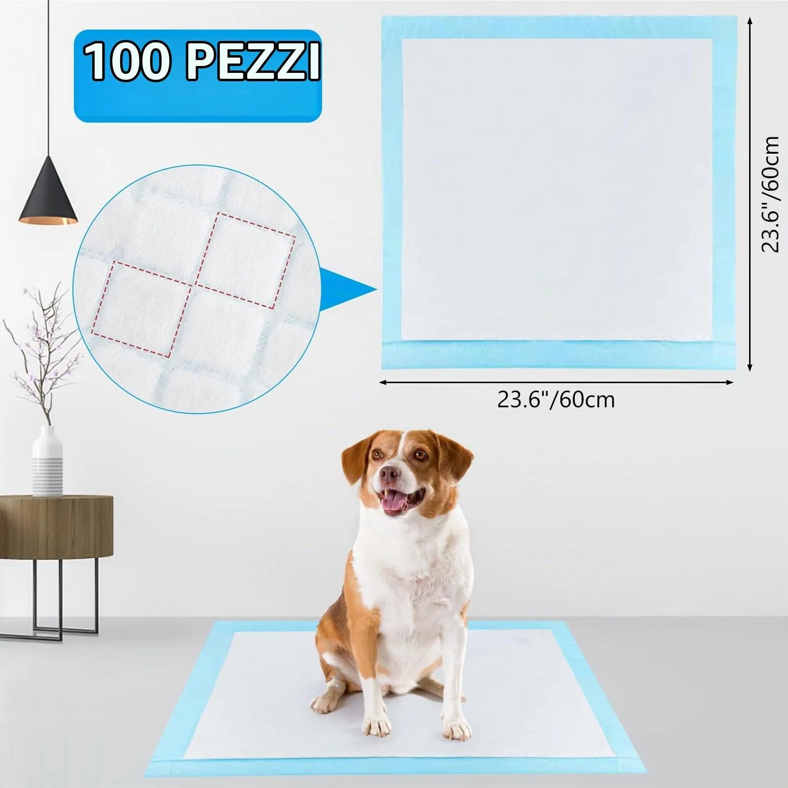 YAMAIDUO 100 Pezzi Tappetini Igienici per Cani, 60 x 60cm Traverse Cani, 5 Strati Tappetini Assorbenti per Cani, Tappetini Cane Superficie ad Asciugatura Rapida - immagine 2