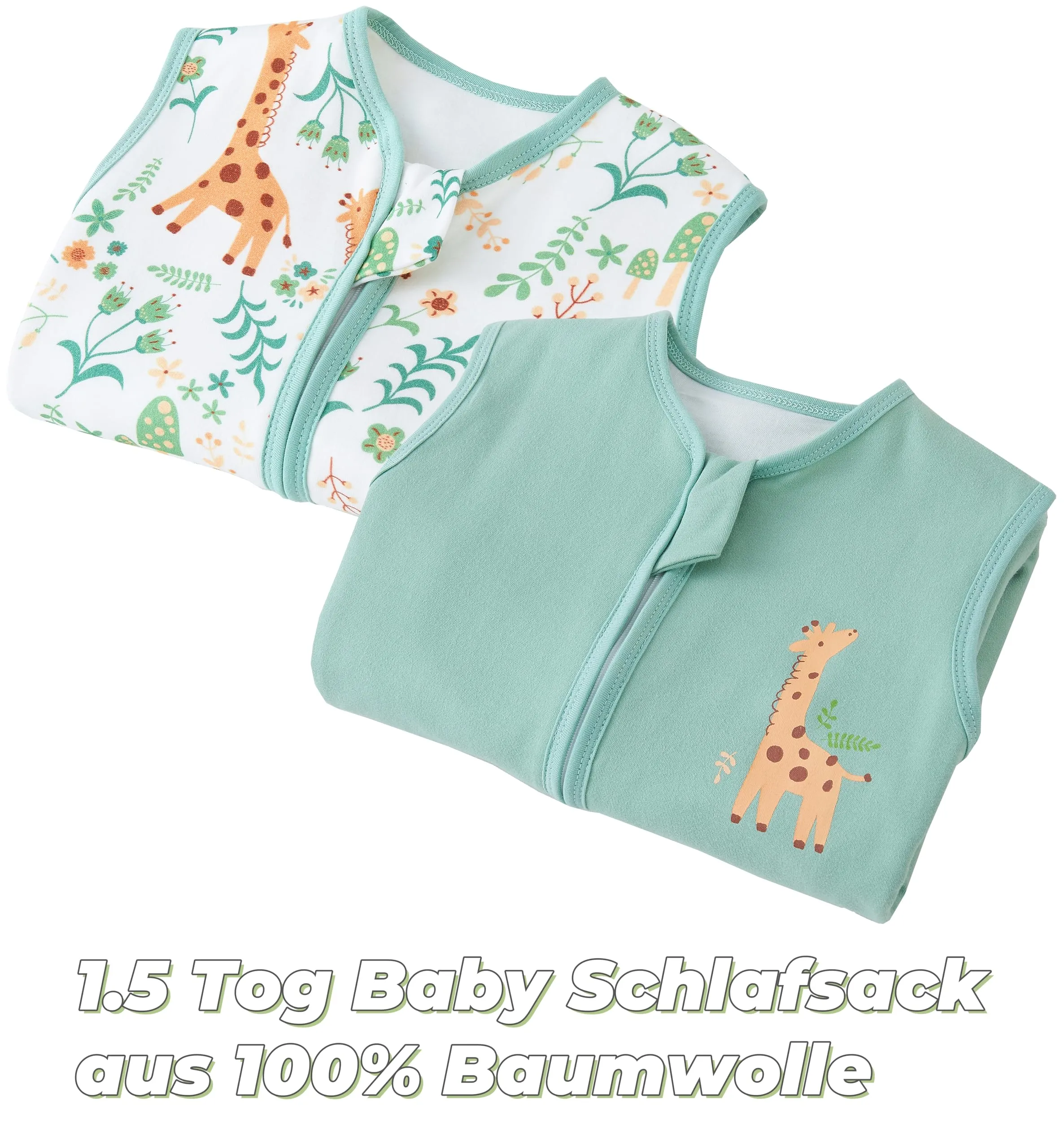 Chilsuessy Sacco a pelo per bambini con gambe 1,5 Tog, confezione da 2, 100% cotone, sacco a pelo per tutto l'anno, sacco nanna per bambini, per bambini, 1,5 Tog/Verde + Giraffa, 80 cm/Altezza del - immagine 2