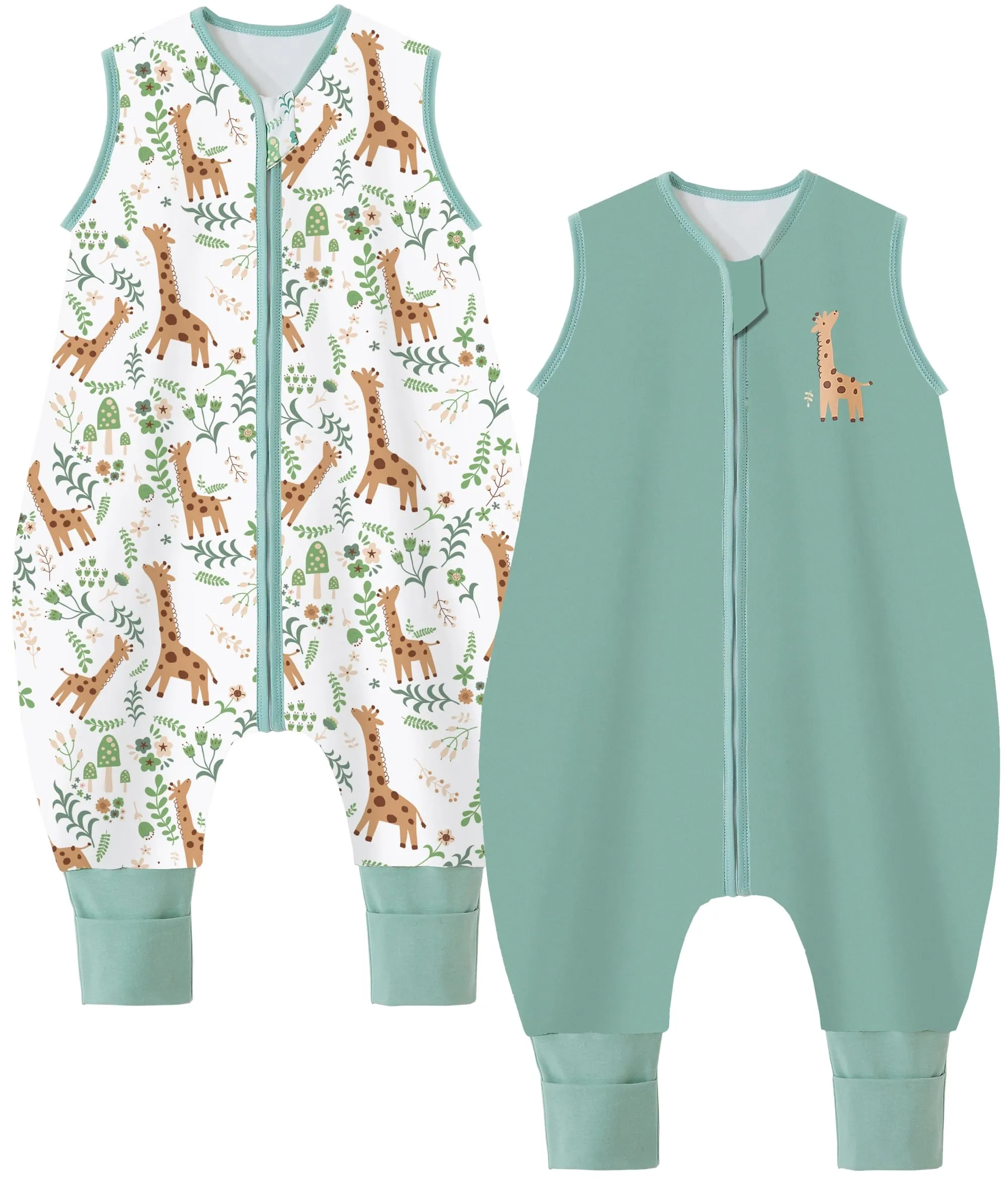 Chilsuessy - Sacco a pelo per bambino con piedini 1,5 Tog 100% cotone, Sacco a pelo per bambini tutto l'anno, 1,5 Tog/Verde + giraffa, - immagine 1