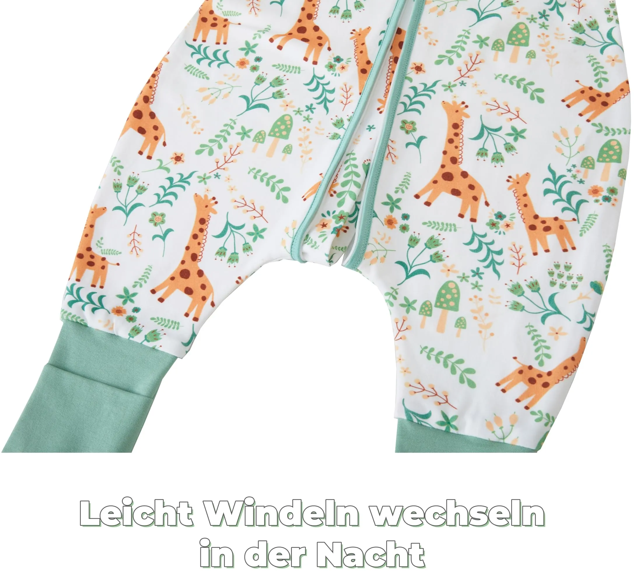 Chilsuessy - Sacco a pelo per bambino con piedini 1,5 Tog 100% cotone, Sacco a pelo per bambini tutto l'anno, 1,5 Tog/Verde + giraffa, - immagine 5