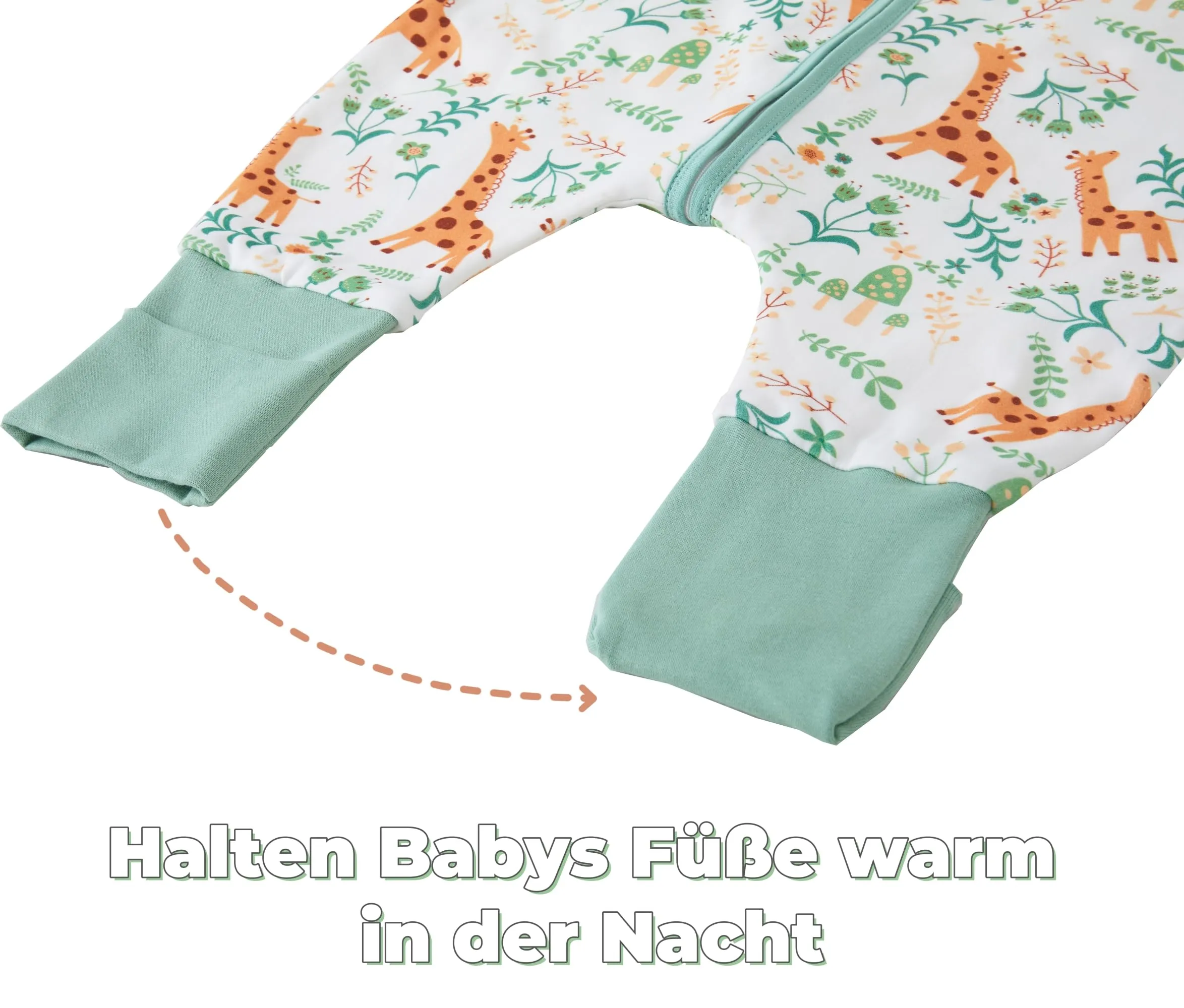 Chilsuessy - Sacco a pelo per bambino con piedini 1,5 Tog 100% cotone, Sacco a pelo per bambini tutto l'anno, 1,5 Tog/Verde + giraffa, - immagine 4