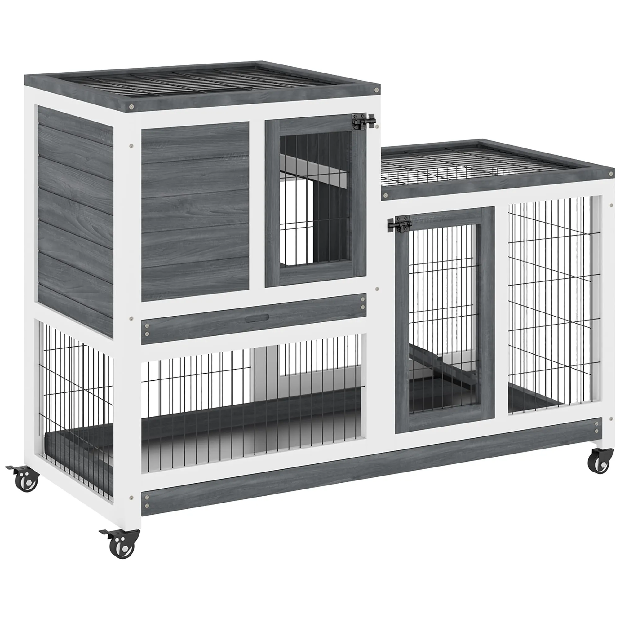 PawHut Conigliera da Interno in Legno Abete con Ruote 110x50x88cm Grigio - immagine 1
