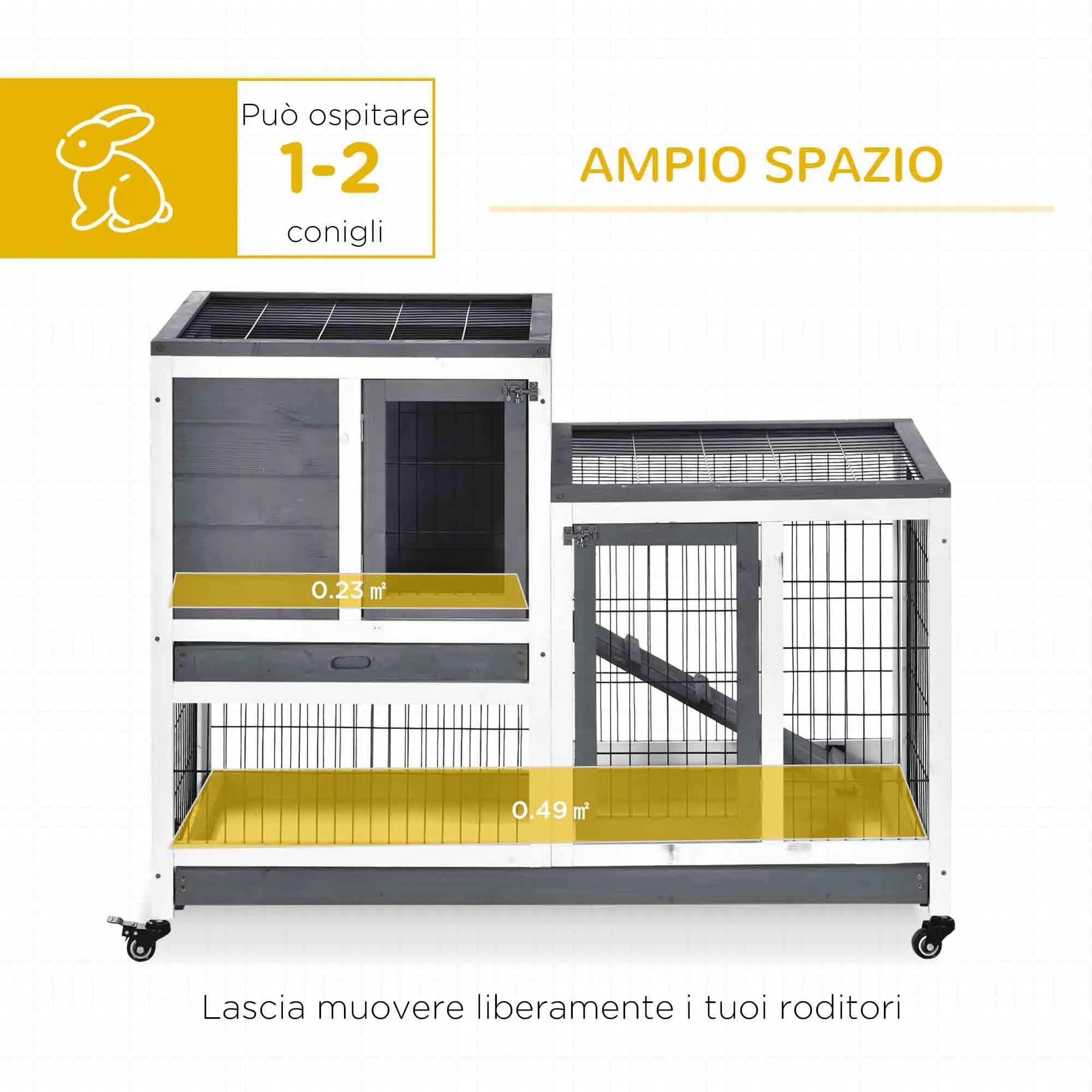 PawHut Conigliera da Interno in Legno Abete con Ruote 110x50x88cm Grigio - immagine 3