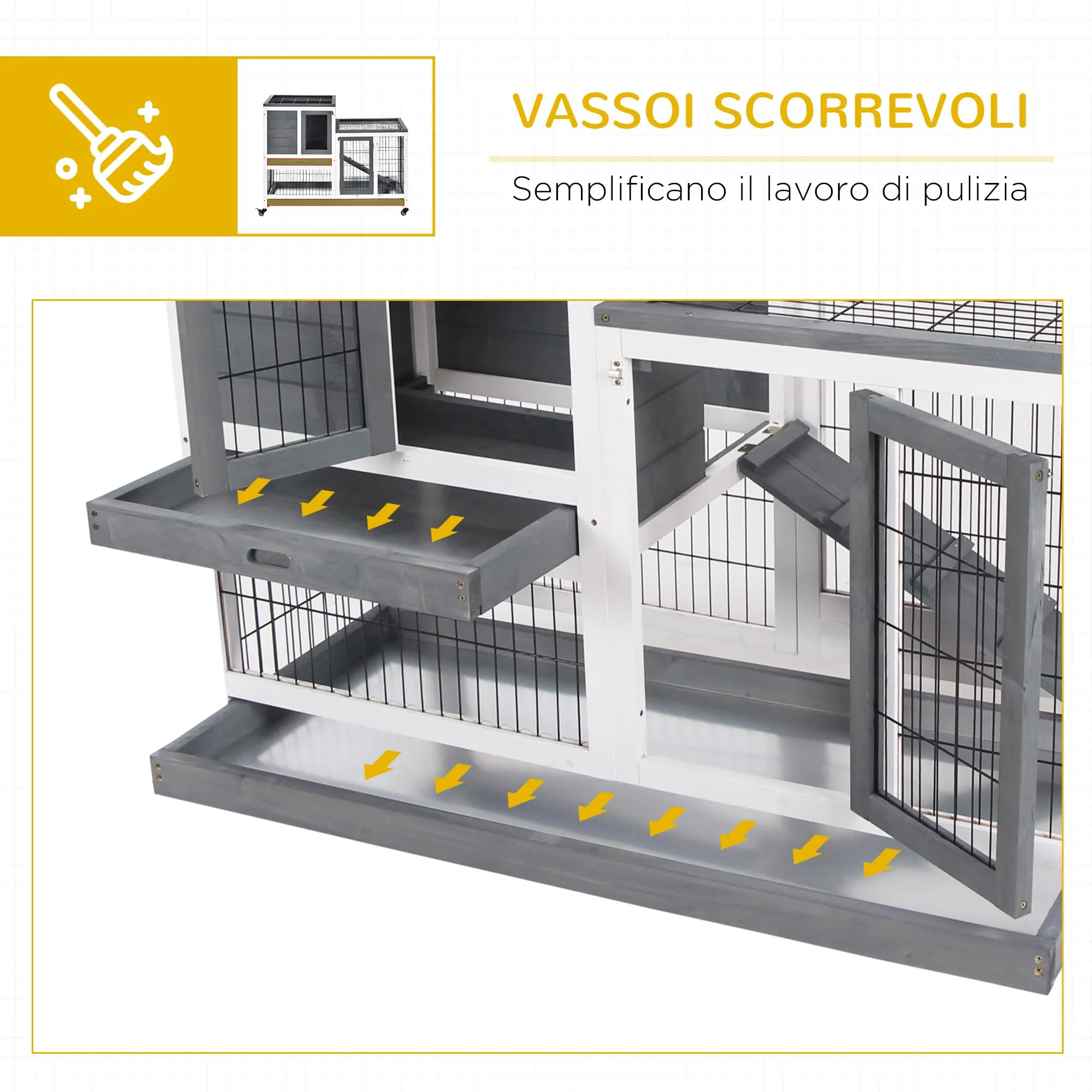 PawHut Conigliera da Interno in Legno Abete con Ruote 110x50x88cm Grigio - immagine 5