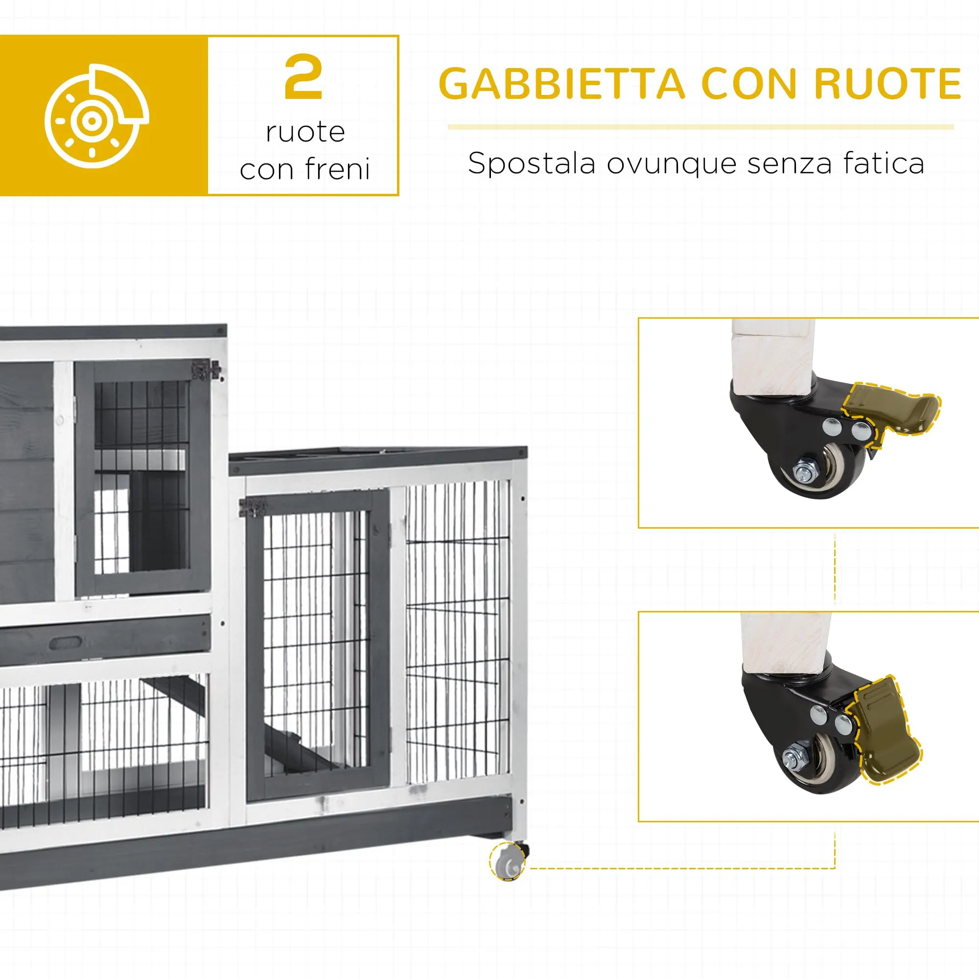 PawHut Conigliera da Interno in Legno Abete con Ruote 110x50x88cm Grigio - immagine 6