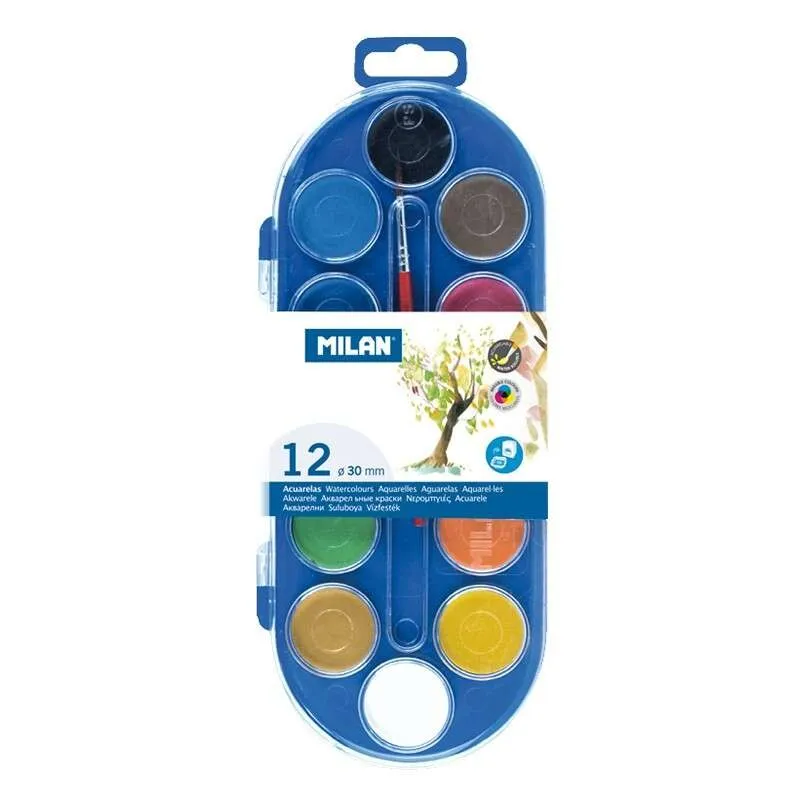 Milan Valigetta da 12 Acquerelli Ø30 mm + Pennello Serie 101 - Miscelabili - Colori Assortiti - immagine 1
