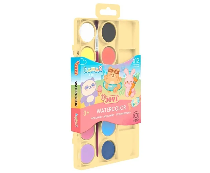 Jovi Kawaii Confezione da 12 acquerelli da 22 mm + pennello - Facilmente sfumabili - Colori kawaii assortiti - immagine 1