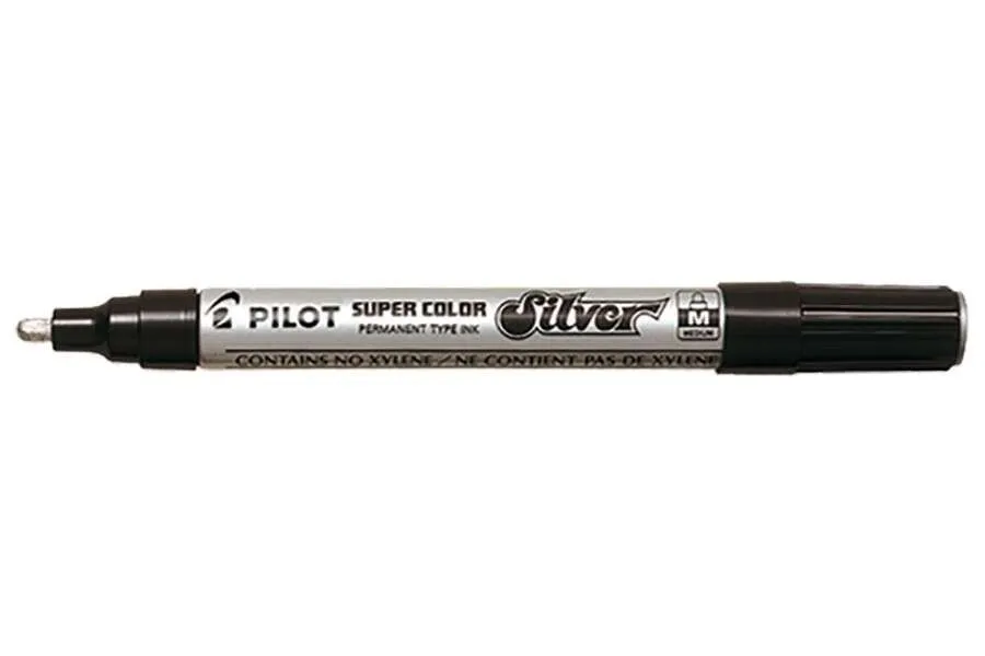 Pennarello indelebile Pilot Super Color Medium - Punta in poliossimetilene da 45 mm - Inchiostro molto denso e coprente - Corpo in metallo - Colore argento - immagine 1