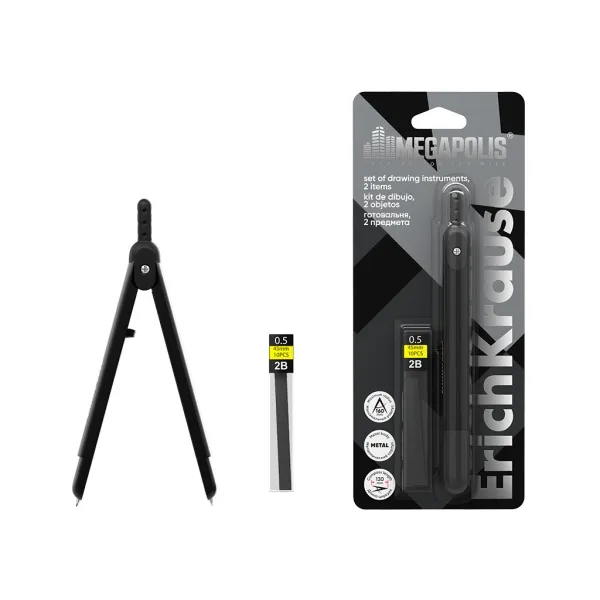 Bussola scolastica ErichKrause Megapolis - Include 10 mine di ricambio 2B da 05 mm - Lunghezza 130 mm - Raggio massimo di 160 mm - Nera - immagine 1