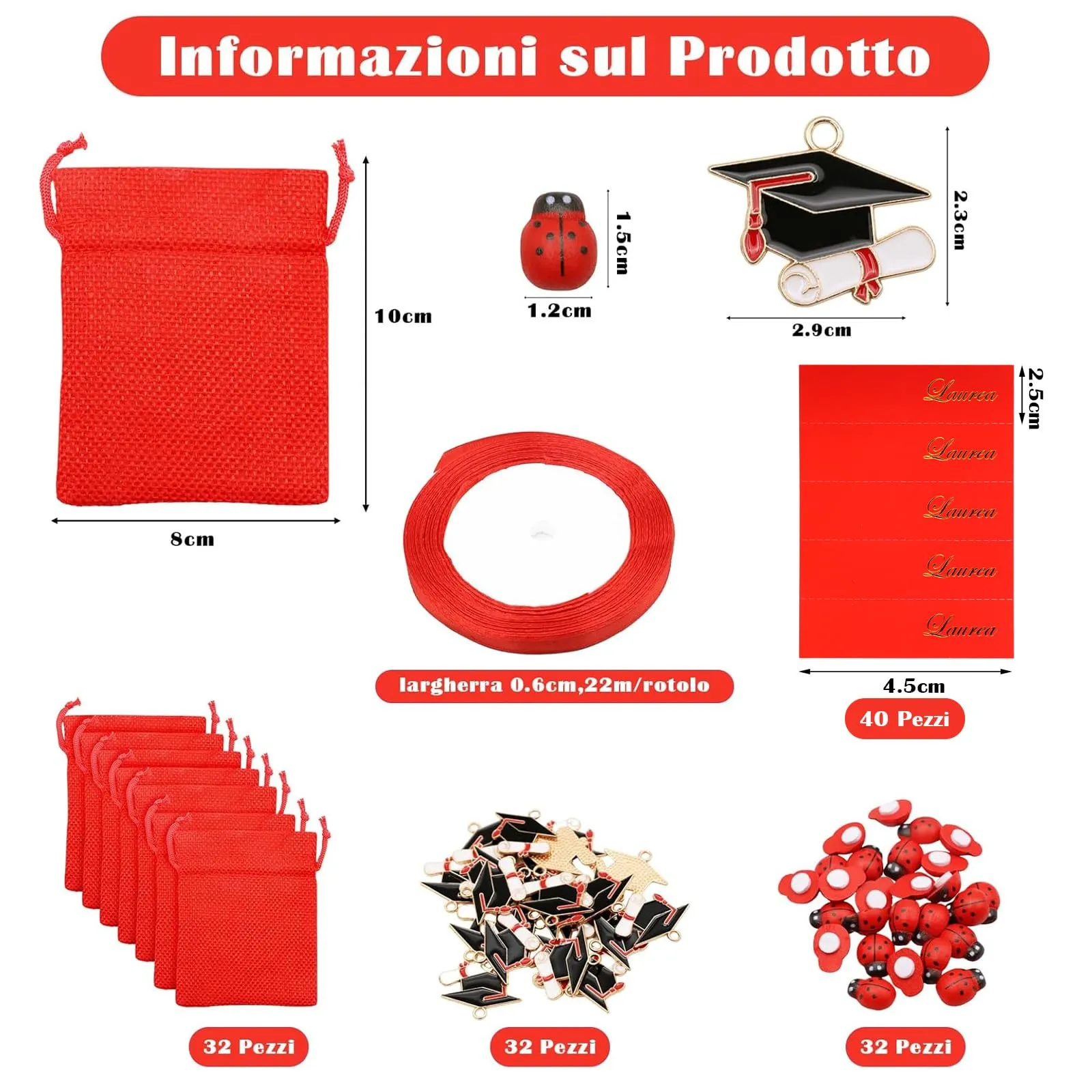 VEGCOO 30 Pezzi Bomboniere Laurea Portaconfetti con Biglietti, Ciondoli, Coccinella e Nastro Rosso - Sacchetti Portaconfetti, Regalo Fai da Te - immagine 2