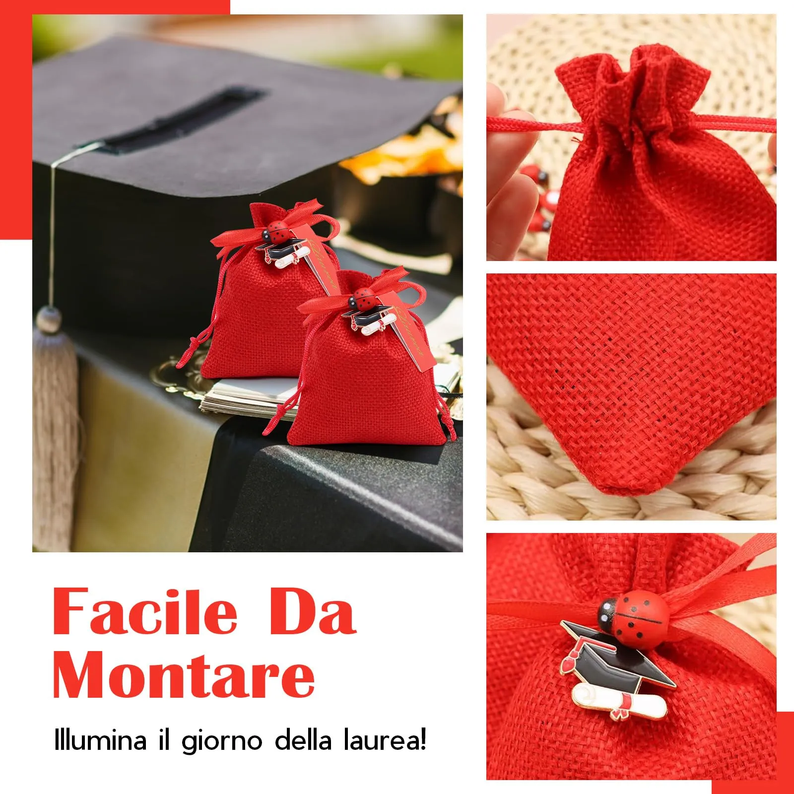 VEGCOO 30 Pezzi Bomboniere Laurea Portaconfetti con Biglietti, Ciondoli, Coccinella e Nastro Rosso - Sacchetti Portaconfetti, Regalo Fai da Te - immagine 3