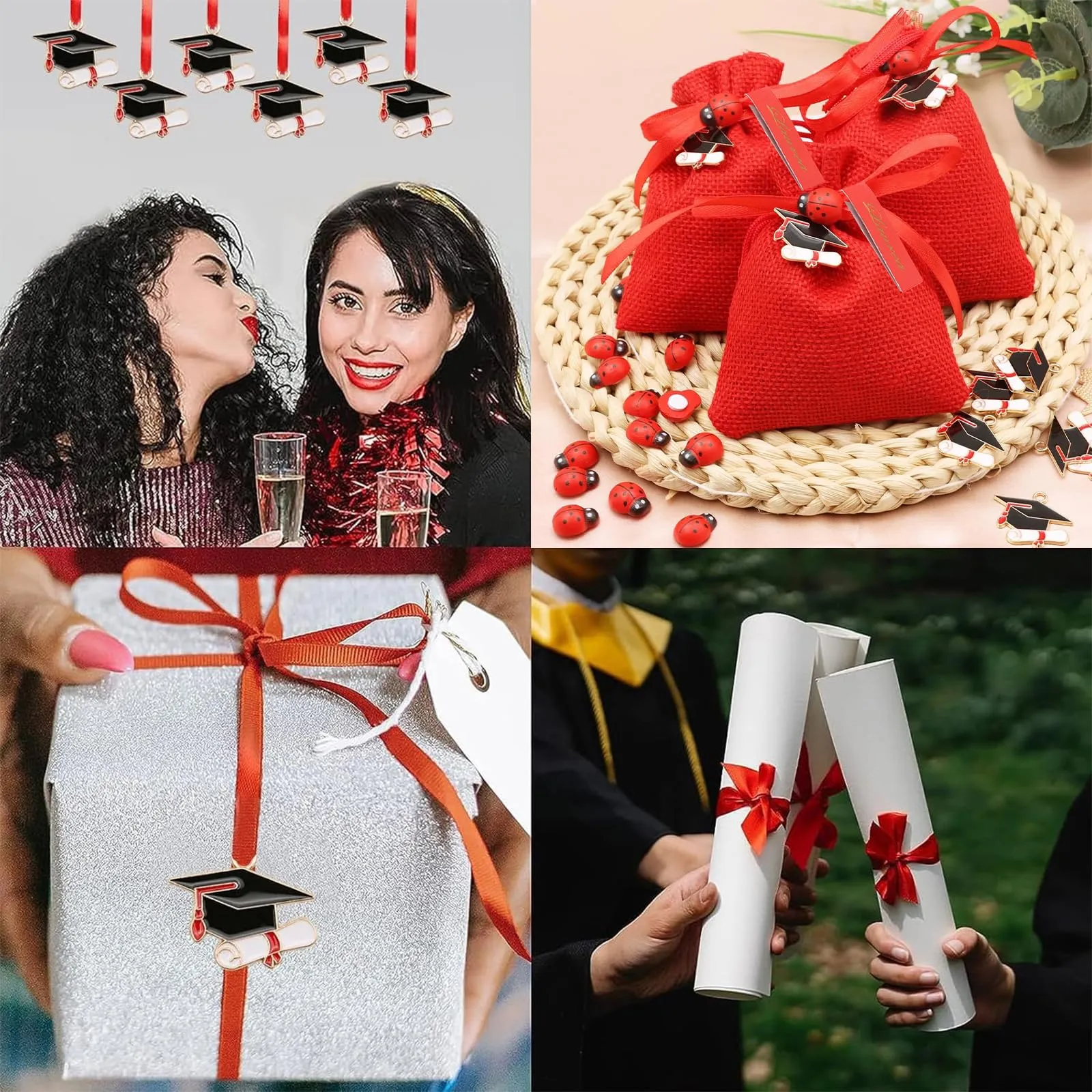 VEGCOO 30 Pezzi Bomboniere Laurea Portaconfetti con Biglietti, Ciondoli, Coccinella e Nastro Rosso - Sacchetti Portaconfetti, Regalo Fai da Te - immagine 6