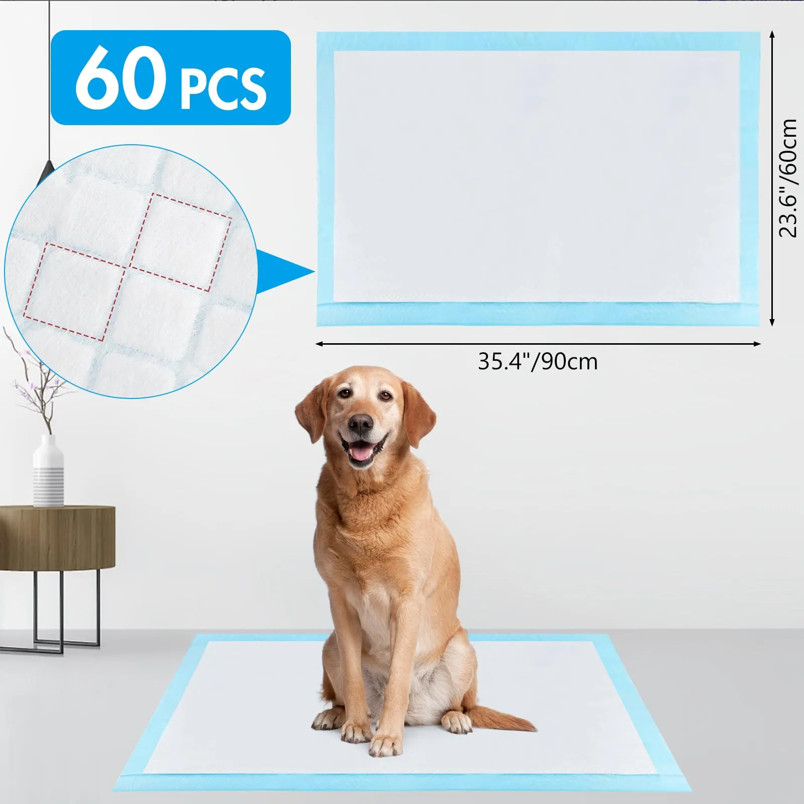 YAMAIDUO 60 Pezzi Tappetini Igienici per Cani, 90 x 60cm Traverse Cani, 5 Strati Tappetini Assorbenti per Cani, Tappetini Cane Superficie ad Asciugatura Rapida - immagine 2