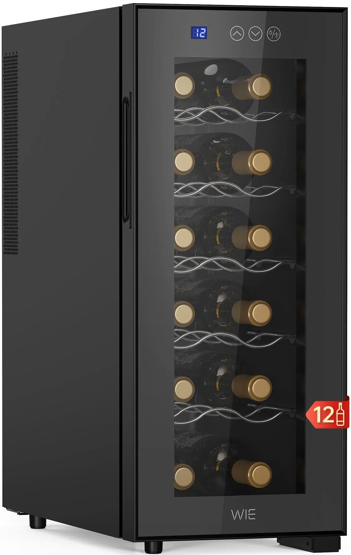 WIE Cantinetta Vino 12 Bottiglie, Raffreddamento Termoelettrico, Cantina Vino con LED Schermo tattile, Porta in Vetro a Specchio, 5 Ripiani Regolabili, Luce LED, 26 dB Basso Livello di Rumore, 33L - immagine 1