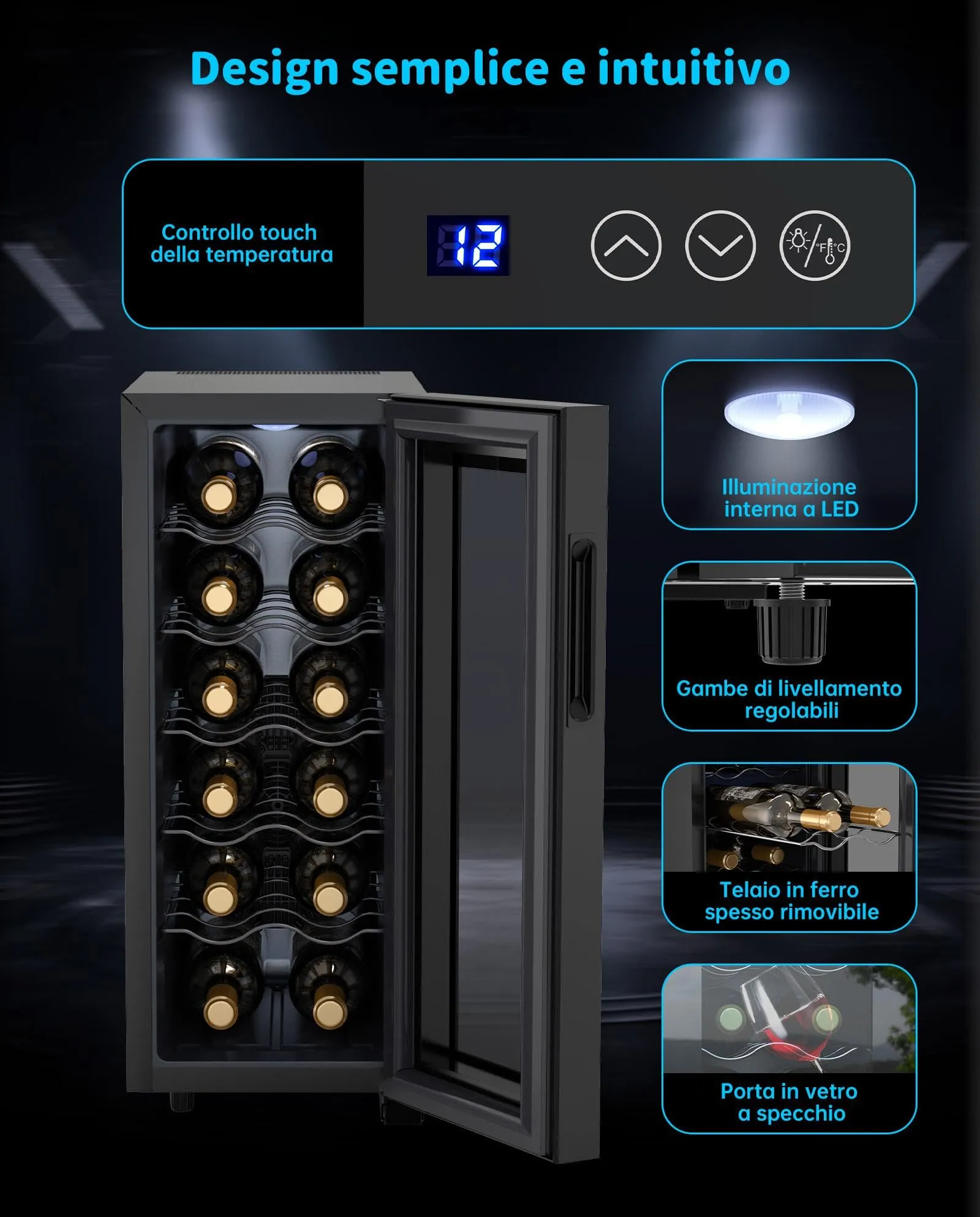WIE Cantinetta Vino 12 Bottiglie, Raffreddamento Termoelettrico, Cantina Vino con LED Schermo tattile, Porta in Vetro a Specchio, 5 Ripiani Regolabili, Luce LED, 26 dB Basso Livello di Rumore, 33L - immagine 3