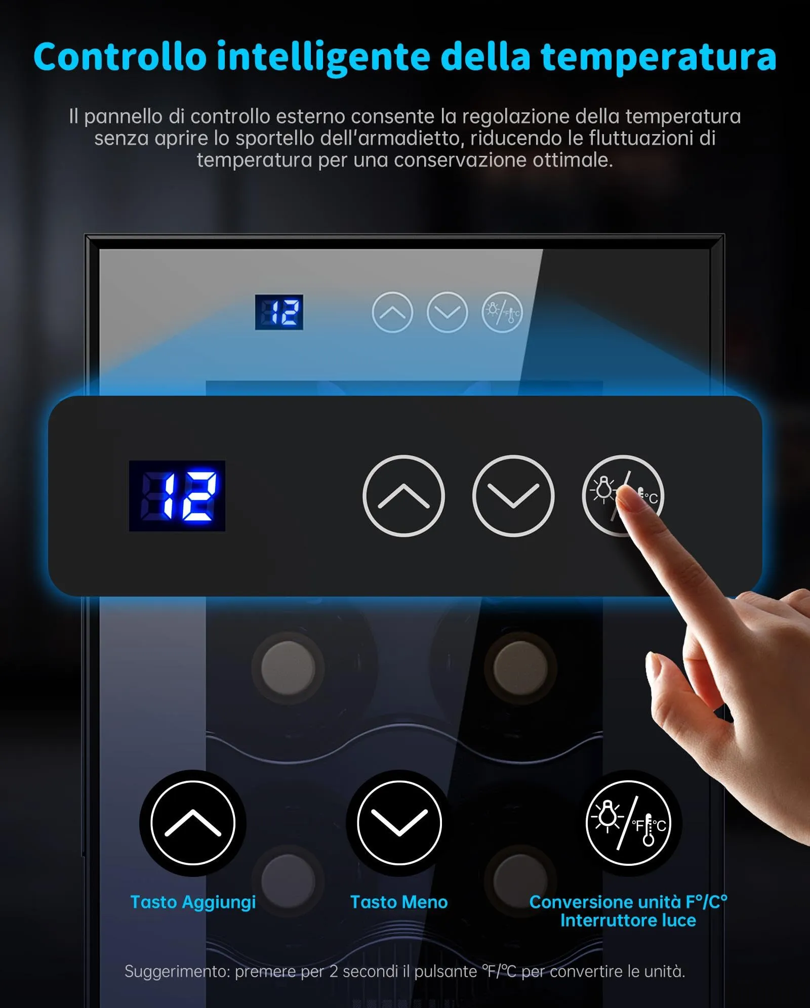WIE Cantinetta Vino 12 Bottiglie, Raffreddamento Termoelettrico, Cantina Vino con LED Schermo tattile, Porta in Vetro a Specchio, 5 Ripiani Regolabili, Luce LED, 26 dB Basso Livello di Rumore, 33L - immagine 4