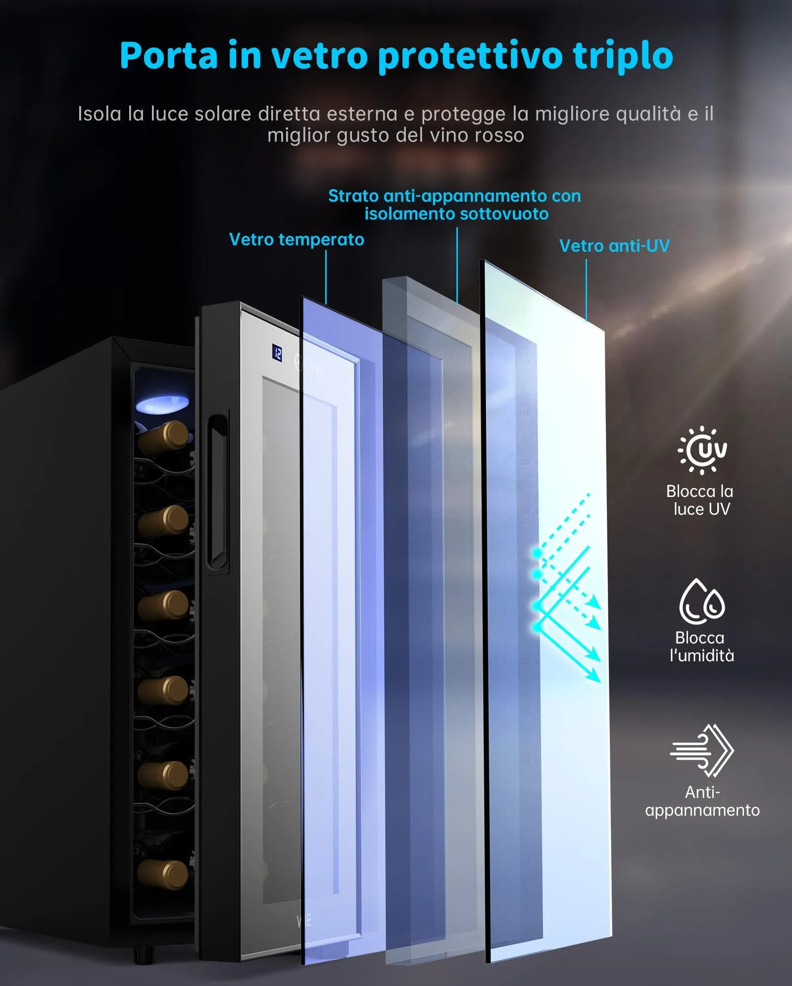 WIE Cantinetta Vino 12 Bottiglie, Raffreddamento Termoelettrico, Cantina Vino con LED Schermo tattile, Porta in Vetro a Specchio, 5 Ripiani Regolabili, Luce LED, 26 dB Basso Livello di Rumore, 33L - immagine 6