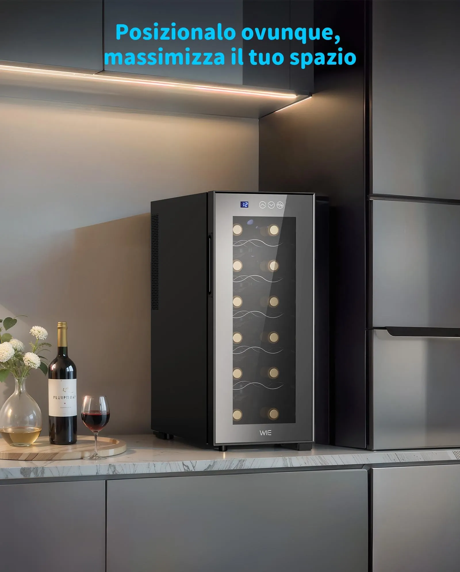 WIE Cantinetta Vino 12 Bottiglie, Raffreddamento Termoelettrico, Cantina Vino con LED Schermo tattile, Porta in Vetro a Specchio, 5 Ripiani Regolabili, Luce LED, 26 dB Basso Livello di Rumore, 33L - immagine 8