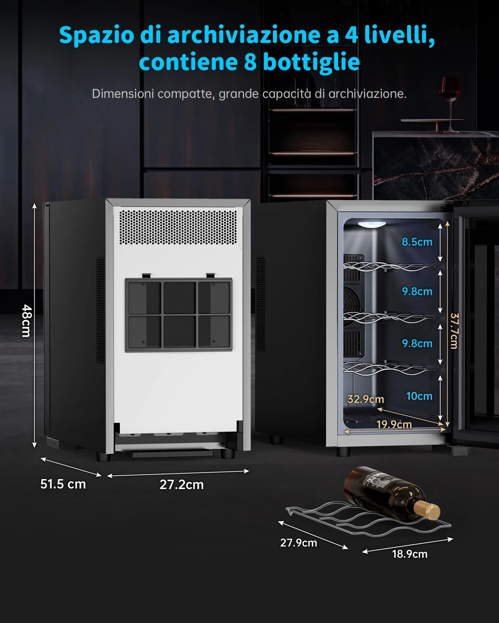 WIE Cantinetta Vino 8 Bottiglie, Raffreddamento Termoelettrico, Cantinetta Vino Refrigerata con Controllo touchscreen, Porta in Vetro a Specchio, Ripiani Regolabili, Luce LED, Muto, 5-18℃ - immagine 2