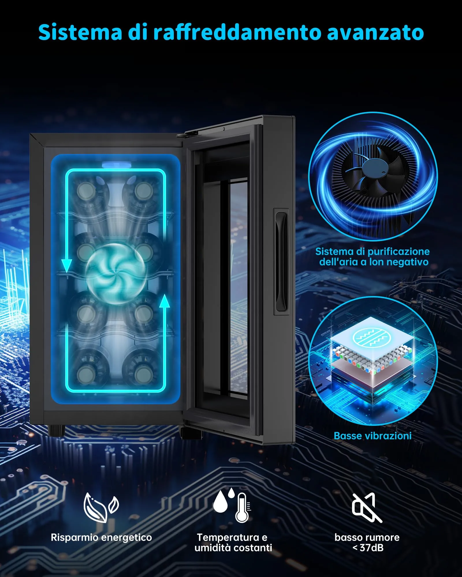 WIE Cantinetta Vino 8 Bottiglie, Raffreddamento Termoelettrico, Cantinetta Vino Refrigerata con Controllo touchscreen, Porta in Vetro a Specchio, Ripiani Regolabili, Luce LED, Muto, 5-18℃ - immagine 4