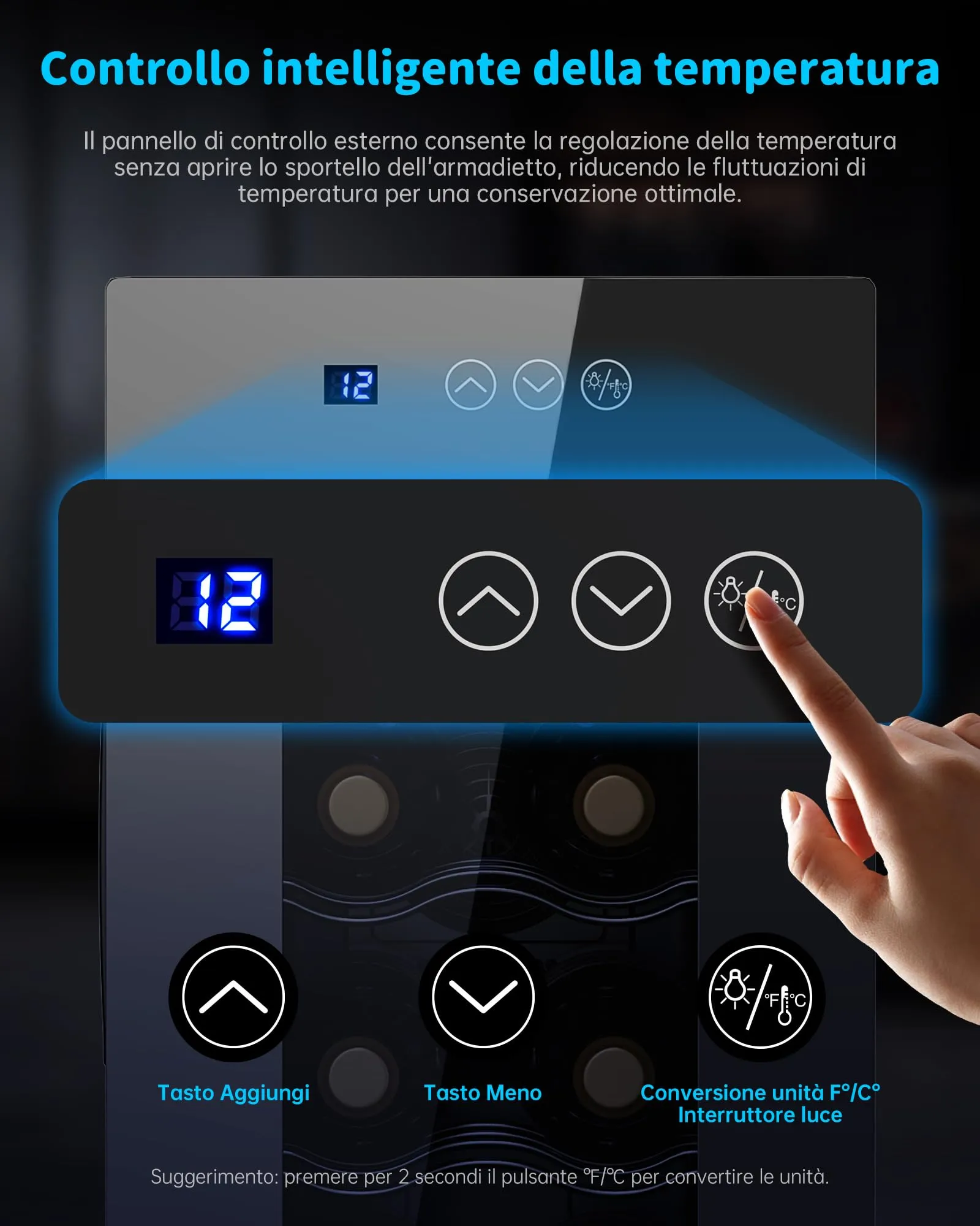 WIE Cantinetta Vino 8 Bottiglie, Raffreddamento Termoelettrico, Cantinetta Vino Refrigerata con Controllo touchscreen, Porta in Vetro a Specchio, Ripiani Regolabili, Luce LED, Muto, 5-18℃ - immagine 5