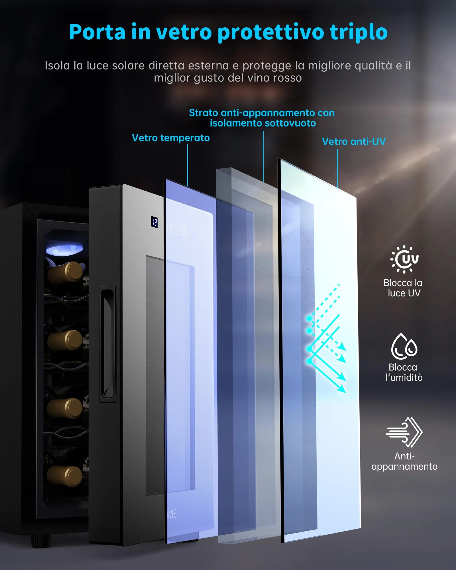 WIE Cantinetta Vino 8 Bottiglie, Raffreddamento Termoelettrico, Cantinetta Vino Refrigerata con Controllo touchscreen, Porta in Vetro a Specchio, Ripiani Regolabili, Luce LED, Muto, 5-18℃ - immagine 6