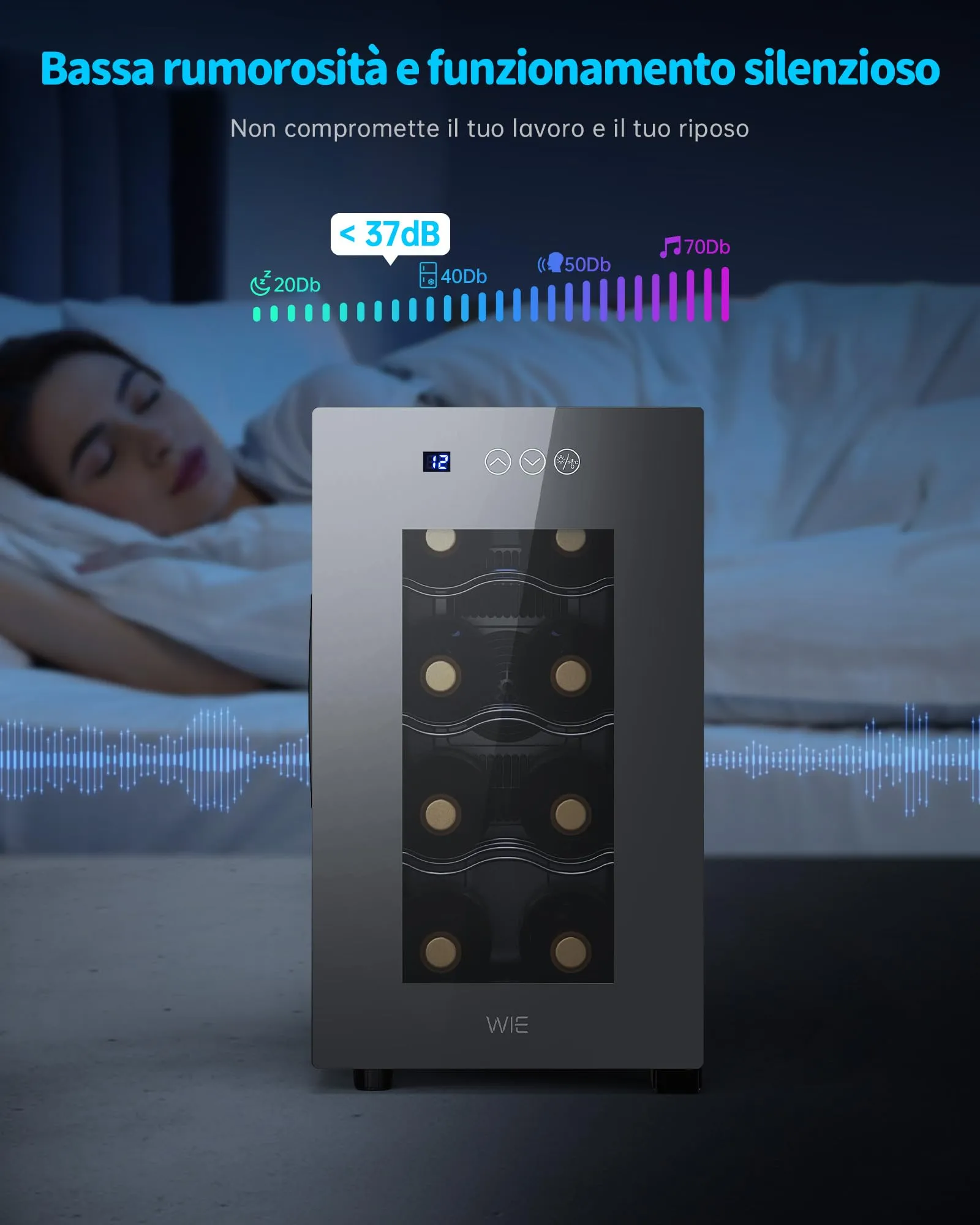 WIE Cantinetta Vino 8 Bottiglie, Raffreddamento Termoelettrico, Cantinetta Vino Refrigerata con Controllo touchscreen, Porta in Vetro a Specchio, Ripiani Regolabili, Luce LED, Muto, 5-18℃ - immagine 7